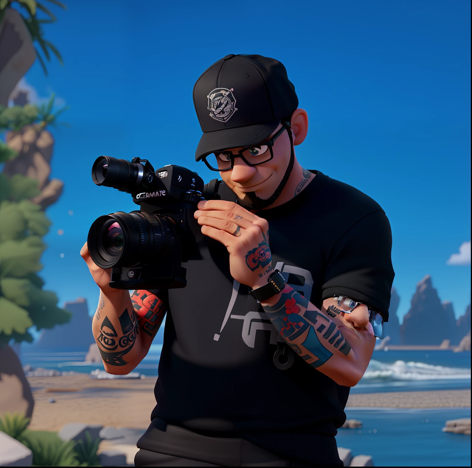 Create me a man holding a camera, he has tattoos on both arms, is wearing a black shirt and wearing a black cap, He has his head down, focused on filming, he also has a short beard and wears glasses., crie pra mim a imagem no universo da Disney Pixar com boa qualidade