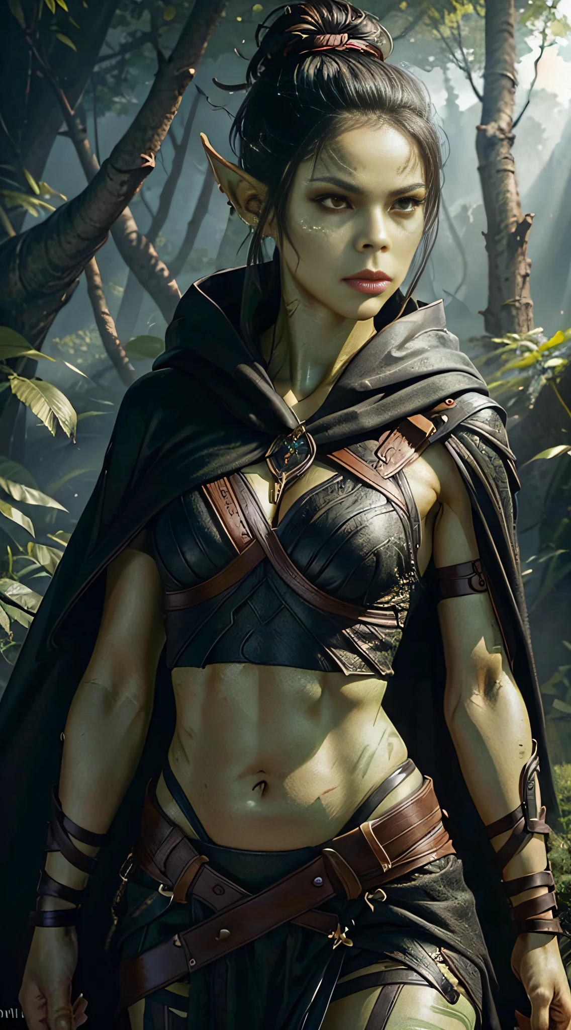 1girl, sexy githyanki, (green skin:1.3), black short hair bun, orange eyes, pointy ears, navel, midriff, black hooded cloak, black cape, garter, black belt, brown pouch, medium breasts, athletic, standing in the forest,  small river, highly detailed face and eyes, sunlight, midday, best quality, masterpiece, realistic, anatomically correct, stunning details, intricate details, 8k post-production, high resolution, super details, trending on ArtStation, sharp focus, depth of field f/1.8, studio photos