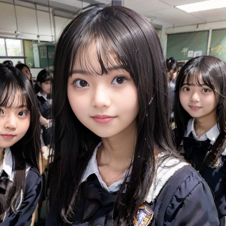 a picture、multiple girls,5girls、Same school uniform、Long black hair、huge tit、cute little、18year old、a smile、selfee、‎Classroom、Raw photo、The same face、same person