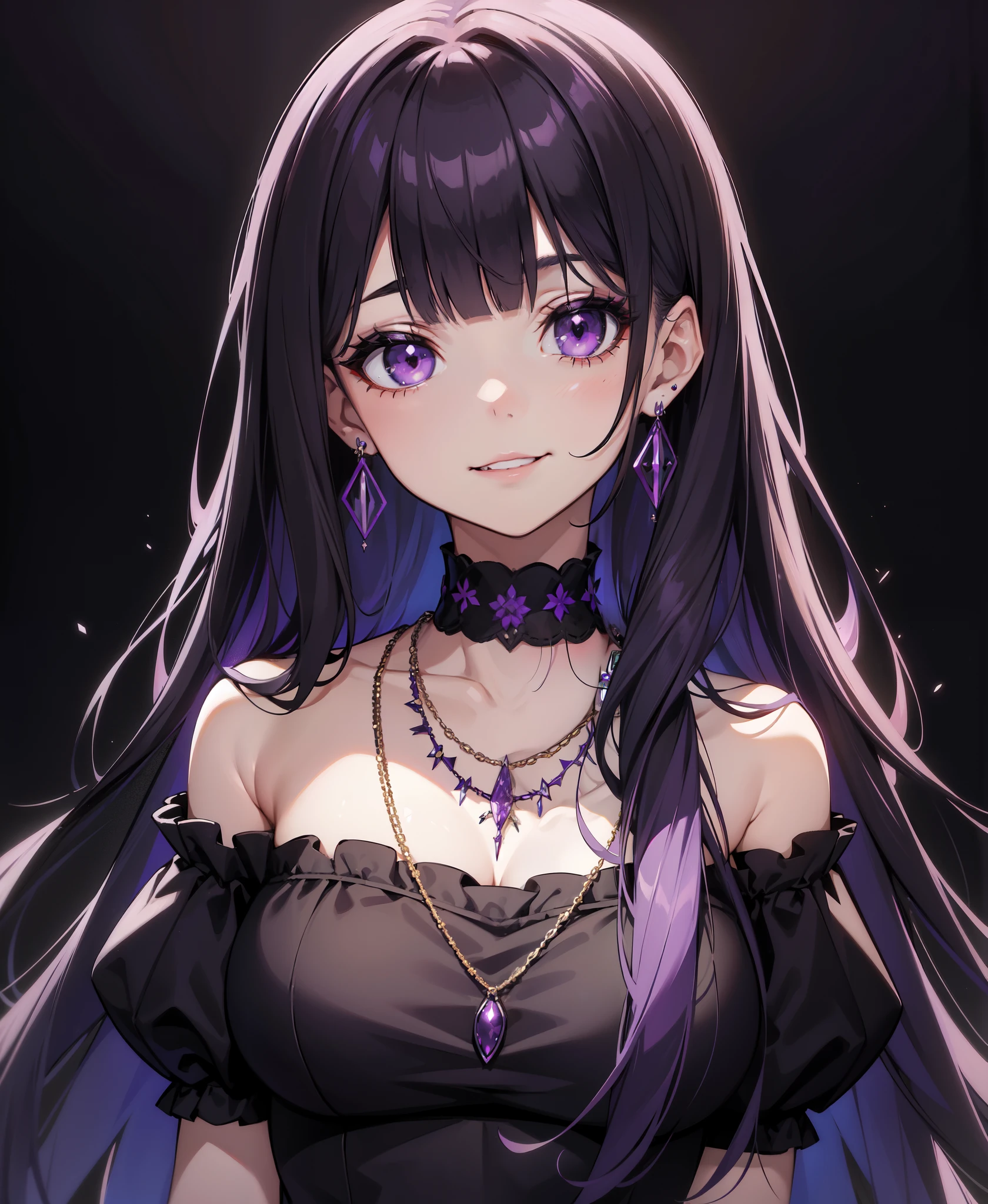 ((masterpiece,best quality)), absurdres, upper body, black background, 
1girl, solo, long hair, looking at viewer, smile, purple straight hair, jewelry, closed mouth, purple eyes, upper body, earrings, blunt bangs, necklace,  makeup, eyeshadow, gothic, black lips, fishnet top