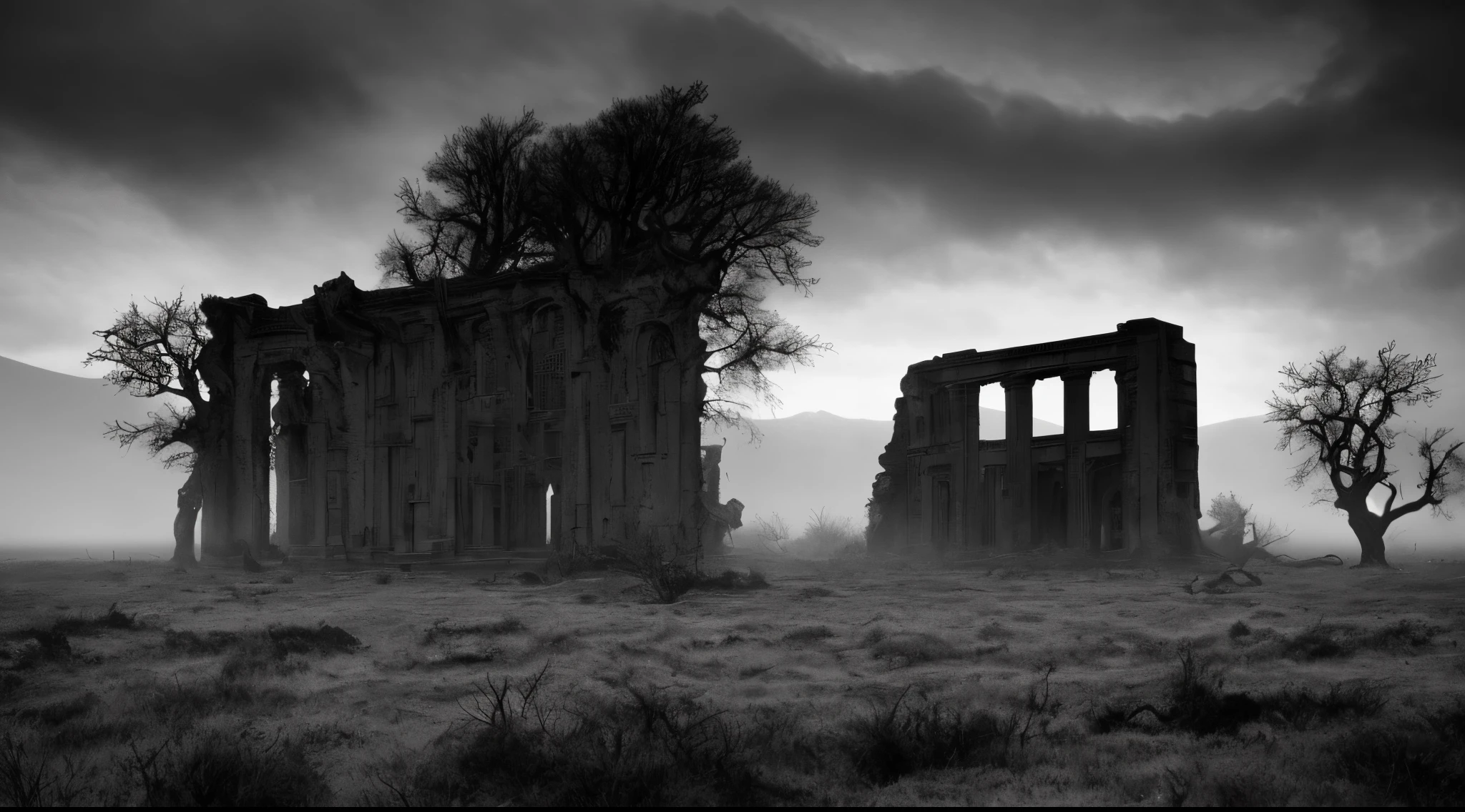 Create an image of the "Dark Abyss," the darkest place in the world. Visualize a horizon shrouded in dense black clouds, where occasional rays illuminate a desolate, gloomy landscape. As you get closer, you can see towering mountains covered in dead, gnarled vegetation. A black and sinister river meanders through the valley, emanating a nefarious mist that seems to swallow any light that dares to penetrate its path. Decrepit ruins of an ancient city are glimpsed in the distance, adding an air of mystery and melancholy to the site. The somber sounds of the wind howling through the gnarled trees echo around him, making his skin shiver. Feel the oppression of the place and the constant presence of something evil lurking in the shadows, ((masterpiece))