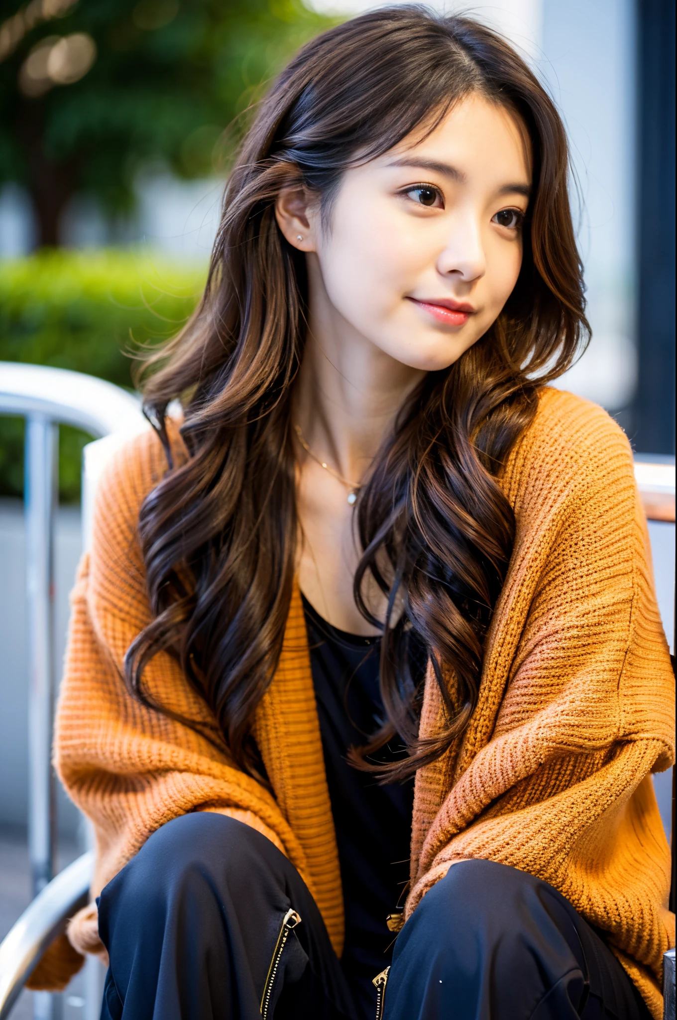 dark brown hair、loose wavy hair、Top image quality、simple background、30-year-old woman、dressed casually