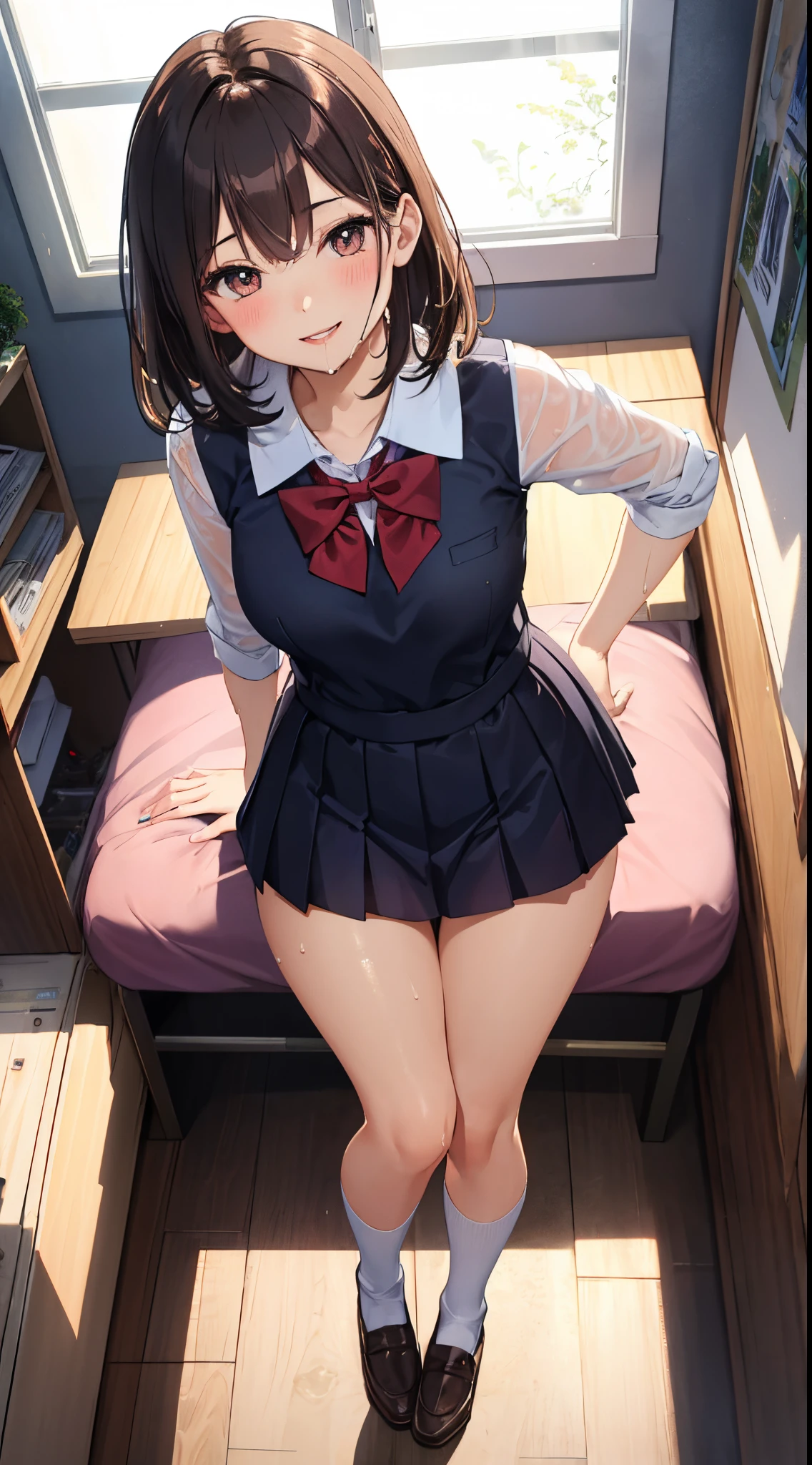 masterpiece，Highest quality，Highly detailed face，(((1 slim sexy girl))), ((1boy and 1girl are having sex on bed))，((Cum there))，(((missionary position, man on top:1.3)))，(Black hair ponytail),  (((Huge breasts))), (((Schoolgirl uniform、Pleated skirt:1.4)))，((Girl lying down in classroom:1.5))、((Painful face))、Heart symbol、excited、White Breath、(((SEX in the classroom)))、(Sweat:1.2)、Nervous、Heart symbol