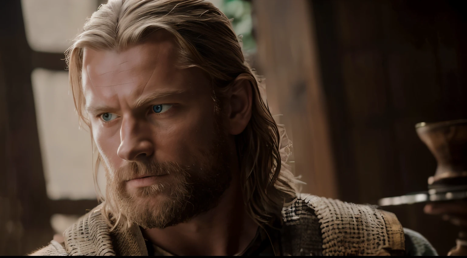 (best quality,4k,8k,highres,masterpiece:1.2),ultra-detailed,(realistic,photorealistic,photo-realistic:1.37),portrait,detailed face, Thor look-alike warrior holding wooden mug in medieval tavern