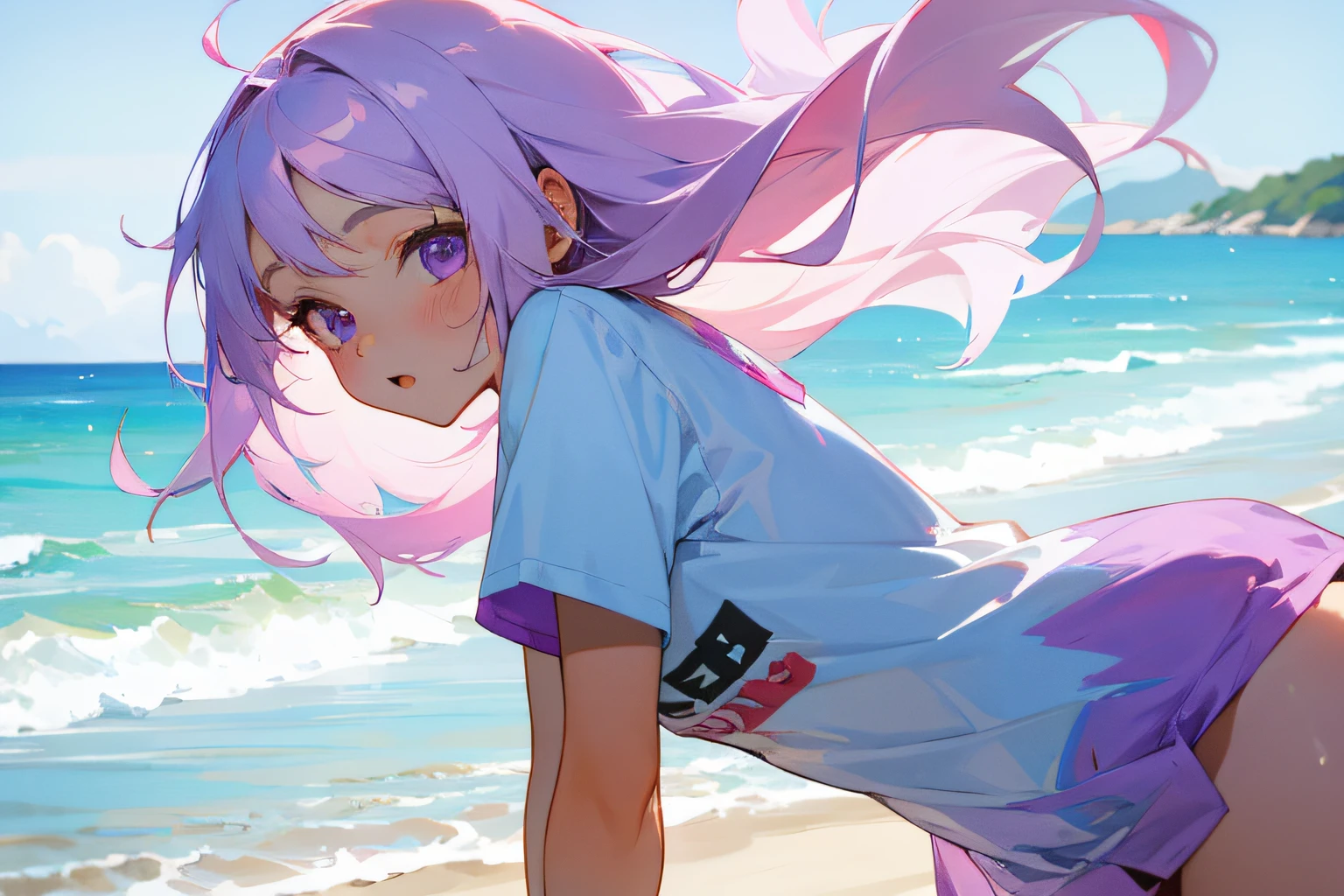 One girl, wearing a T-shirt, natural summer light on the beach, light purple hair –niji