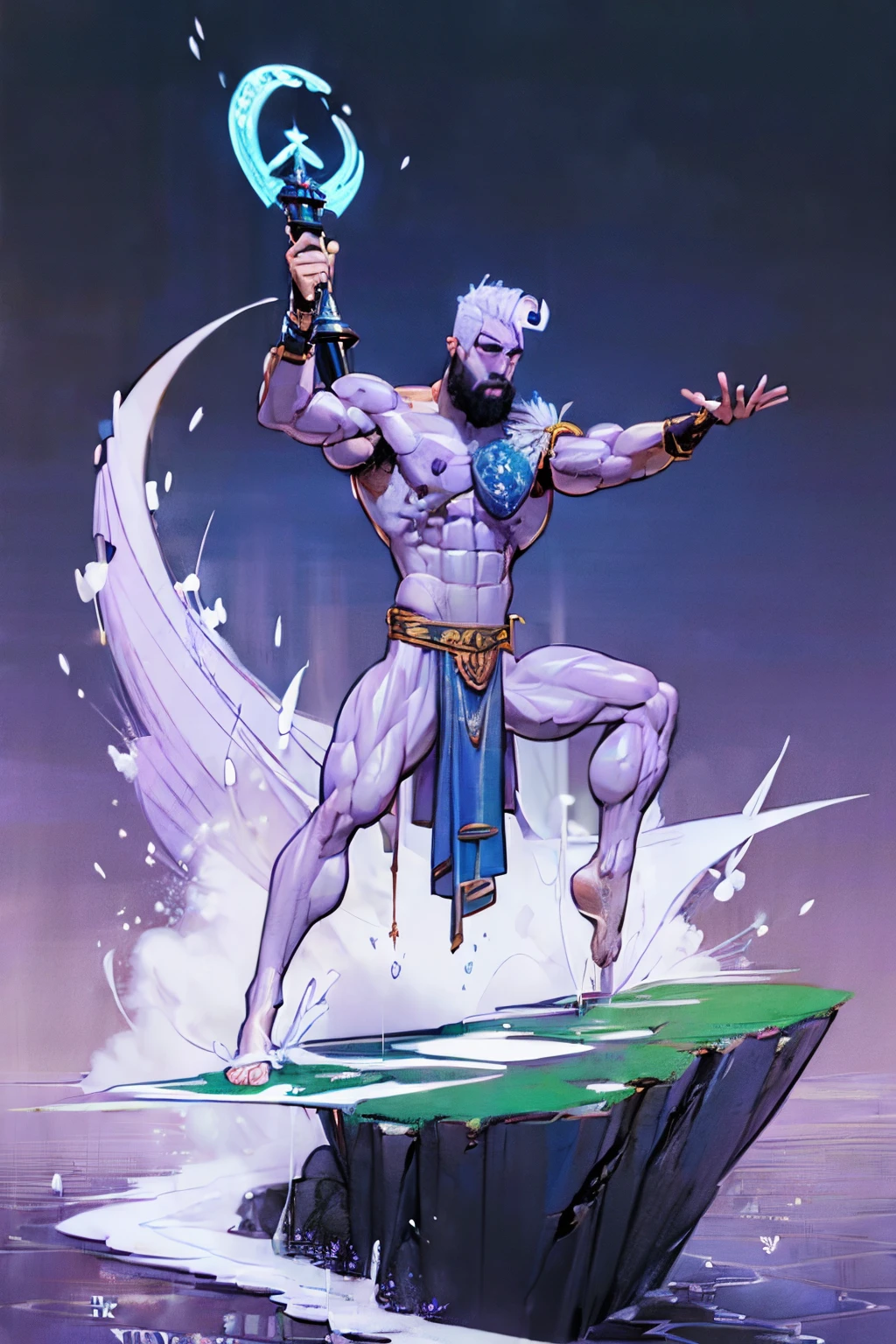 ((Action pose:1.5)), a painting of a (((muscular))) man with an axe, large body of water surrounds man, The God Poseidon, ((thick muscular thighs)), The God of the Sea, brown loincloth, golden crown, The God Hades, Poseidon, Charon, colored lavender skin, colored skin, ((light lavender skin:1.4)),((light lavender face)), ((light lavender feet)), ((lavender arms)), The Boatman of Hades, God of the Ocean, God of the Underworld, Hades, God Shiva the Destroyer, Furious God Zeus, Like an Atlantean, ((no hair)), veiny biceps, chiseled abs, muscular legs, rugged face, bald head, masterpiece, 8k