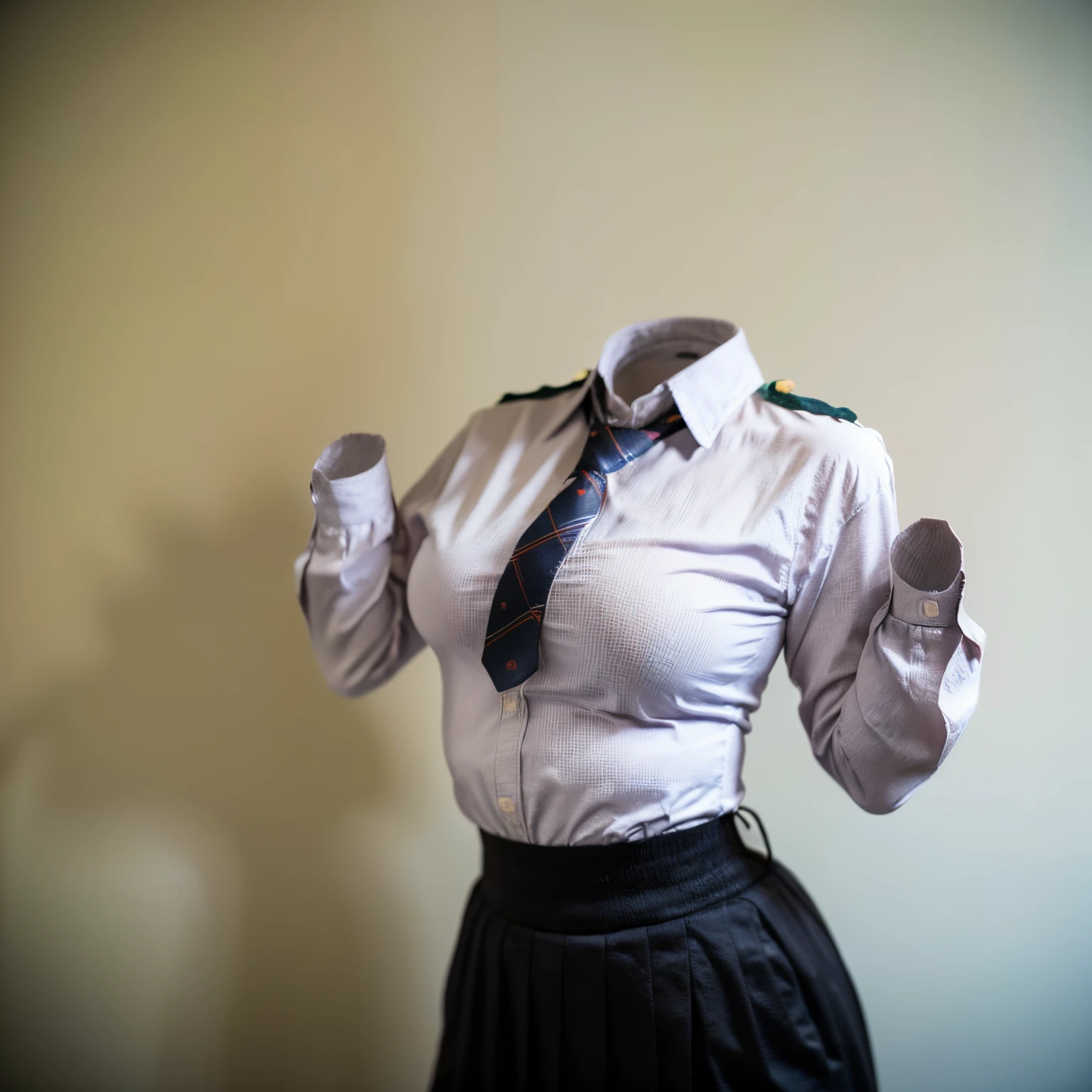 school uniforms raise their sleeves as if can not see girl wear it, school uniforms swells as if possessed by can not see girls, school uniforms have Huge breasts, (((((No humans))))), (Headless), Faceless, can not see girls, Hands on hips, (masterpiece), ((can not see)), Huge breasts, Very short skirt, whole body