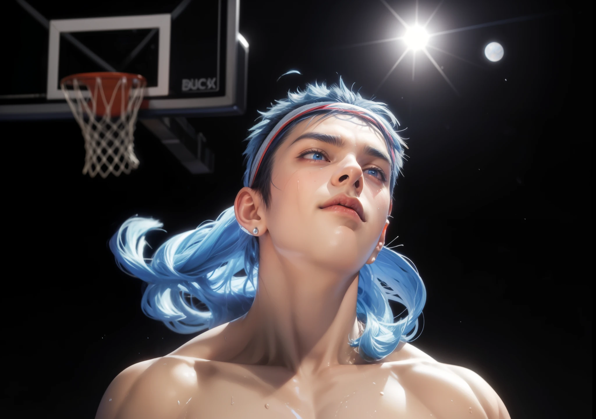 maximum resolution: 1.2), (Ultra HDTV: 1.2), 8K resolution, Eye and skin details, face details, , (Sharp focus: 1, 2), (Precise focus) facial expressions: 1,2), Boy, (Blue hair), Long hair, (Naked), Natural skin, No hair, Perfect muscles, 8 packs, (Sweat on stomach and chest), (((Black briefs: 1.2))), Basketball court, basketball