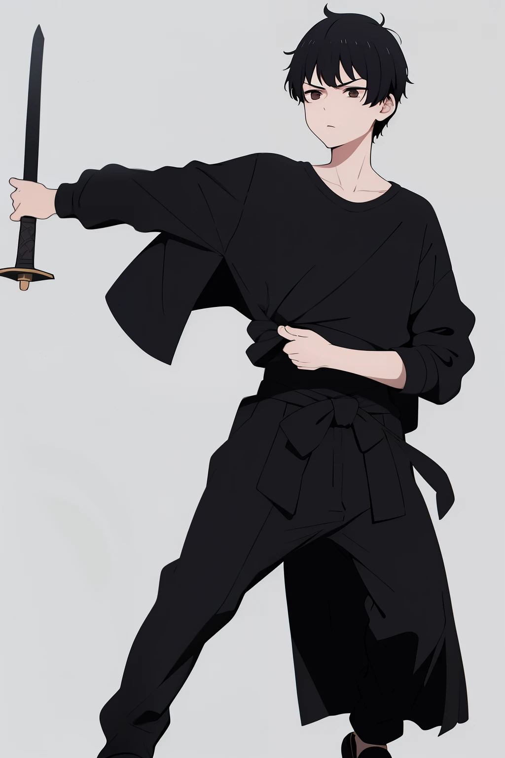 Cute boy, short black hair pulled up, black clothes, full body, sword,boy, a young boy, Bangs up, hair standing up, Combat stance, Fighting stance
