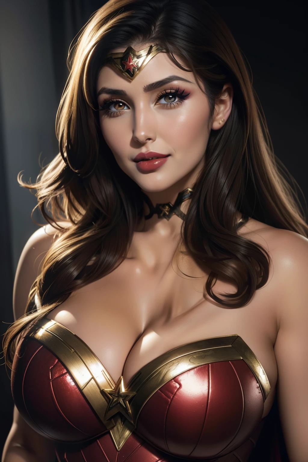 Lucy Pinder, smiling, ((Very Intense Makeup)), ((Brilliant lipstick)), cleavage, Wonder Woman, DC comics