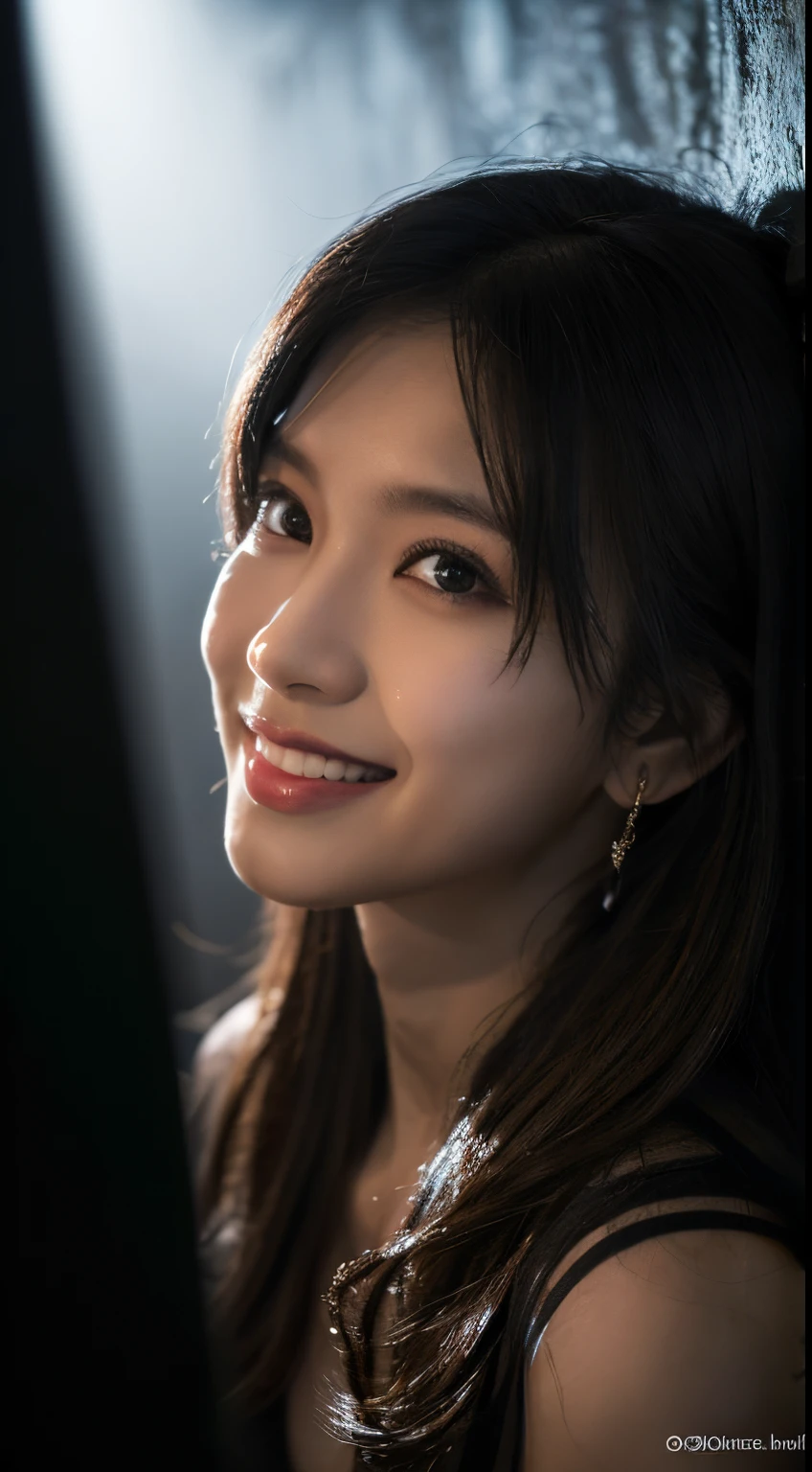 highest quality, epic realistic, ((in the pitch black darkness :1.4)), ((portrait:1.5)),(background: dark ) high contrast ,glorious picture, lowest lux, lighting face, she's comfortable, changing shirt, half naked, black lingerie, looks incredible, (8k, Raw photo, Highest quality),(epic realistic:1.5), a woman, face,(detailed eyes:0.8),(looking away from camera:1.4), (Highest quality), ( high contrast, deep shadows),Intricate details,cinematic,((skin:1.4)), (long dark hair:1.3), long hair, messy ,(Hdr:1.5),Detailed, colors, Superior quality, ( starry sky: 1.4), Masterpiece, Raw Photo (20-year-old, looking at viewer), beautiful, (wearing dark shirt,), perfect, natural, perfect composition, portrait, perfect face, smiling expression, Captivating eyes, Bright details, Tight lips, (High Skin Detail),, (blue tint: 0.6), (sale: 0.8), (bloody: 0.7), Key lighting , (backlight: 0.5), Medium depth of field, Canon 5d, 50mm lens, f/4 apertures, (Ultra-detailed, Complex detail), sharp focus, soft colors, 8k, Absurd, 80mm, dark background, photography, smiling, pinay, filipina, big boobs