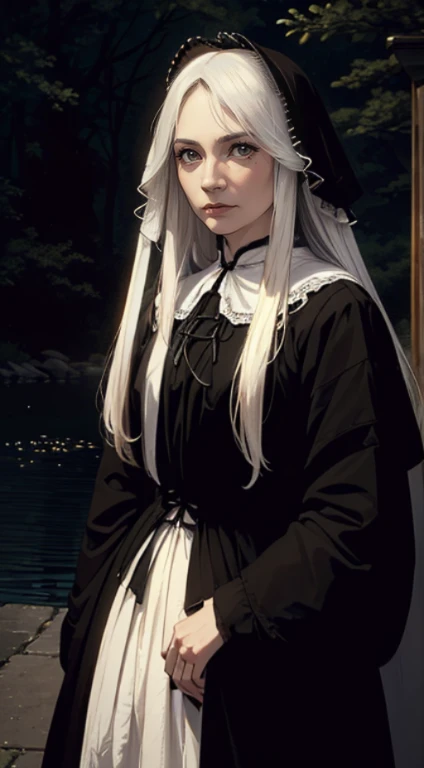 Cinematic Highly colored painting Realistic portrait (extreme close-up, from front) shot of ((1elder woman, old:1.2, mature:1.2 female, pale, slim, slender, wrinkles:1.3, expression wrinkles)), (colonial puritan lady) dress-up:1.3 (black:1.5 puritan gowns from 1700s). ((white:1.2 very long straight hair, hair bangs, silver eyes, cheek mole)). ((standing, relaxed )). 1700, outdoors, midnight, lake shore. (detailed, masterpiece, soft lighting)