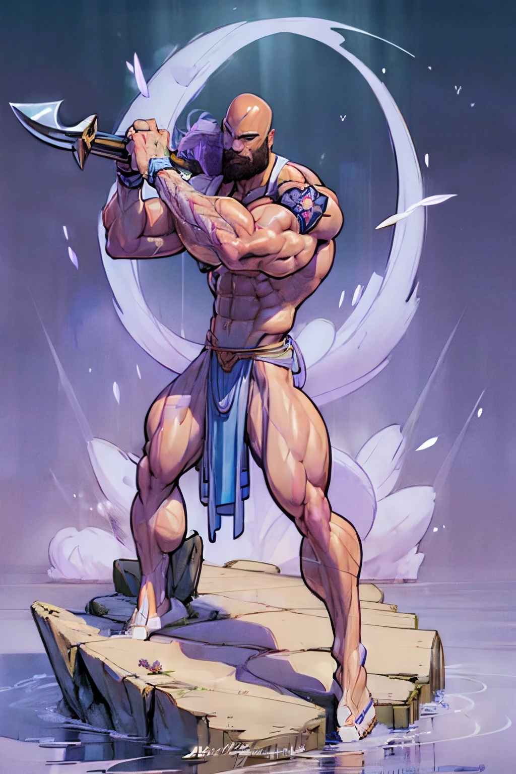 ((Action pose:1.5)), a painting of a (((muscular))) man with an axe, large body of water surrounds man, The God Poseidon, ((thick muscular thighs)), The God of the Sea, brown loincloth, golden crown, The God Hades, Poseidon, Charon, colored lavender skin, colored skin, ((light lavender skin:1.4)),((light lavender face)), ((light lavender legs)), ((light lavender arms)), The Boatman of Hades, God of the Ocean, God of the Underworld, Hades, God Shiva the Destroyer, Furious God Zeus, Like an Atlantean, ((no hair)), veiny biceps, chiseled abs, muscular legs, rugged face, bald head, masterpiece, 8k