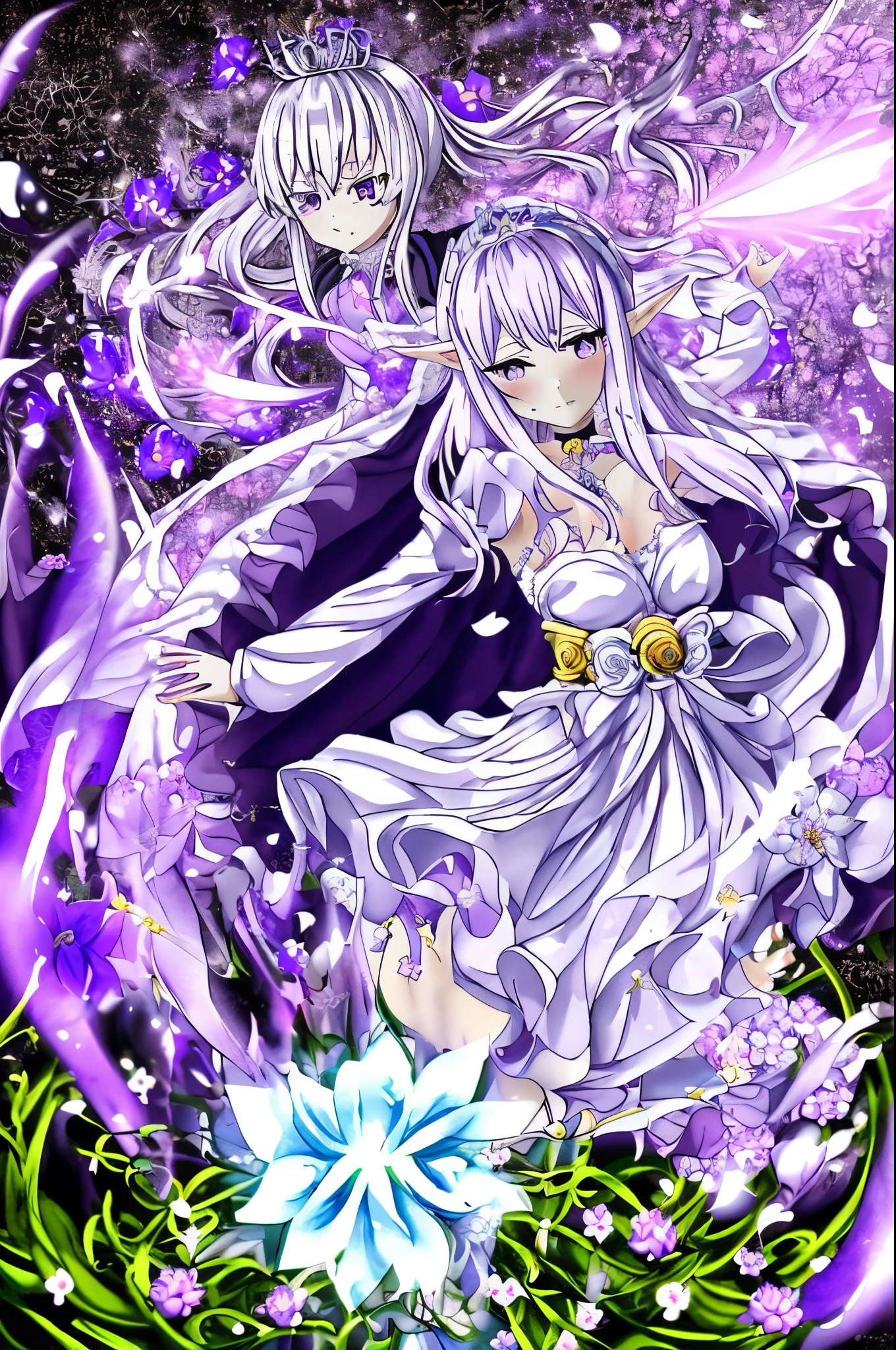Emilia princess from Re:Zero kara Hajimeru Isekai Seikatsu, half elf, ((gorgeous white and purple elegant silk wedding dress, holding a bunch of clematis, silk accesory, veil, silver necklace, diamond ring, flower earring, belt, collar, silver crown, silk long sleeves)), grace hair style, garden background, ((perfect body shape, medium breast, empress and forzen aura, flower and feather flying effect, clean detailed skin, silver and light purple pupil, blush)), best quality anime 16k wallpaper quality, extreme eye and body detail, spiral energetic girl, spirit around, high resolution , masterpieces, ultra lighting,