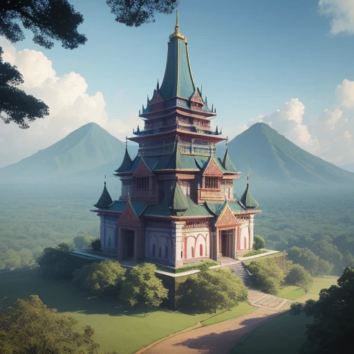 In the style of Ernie colons, a large Indonesian castle, with many towers, with a wide base, more wide than tall, colorful, its located in a forest clearing, with a pale blue sky, the image is done in pastel colors