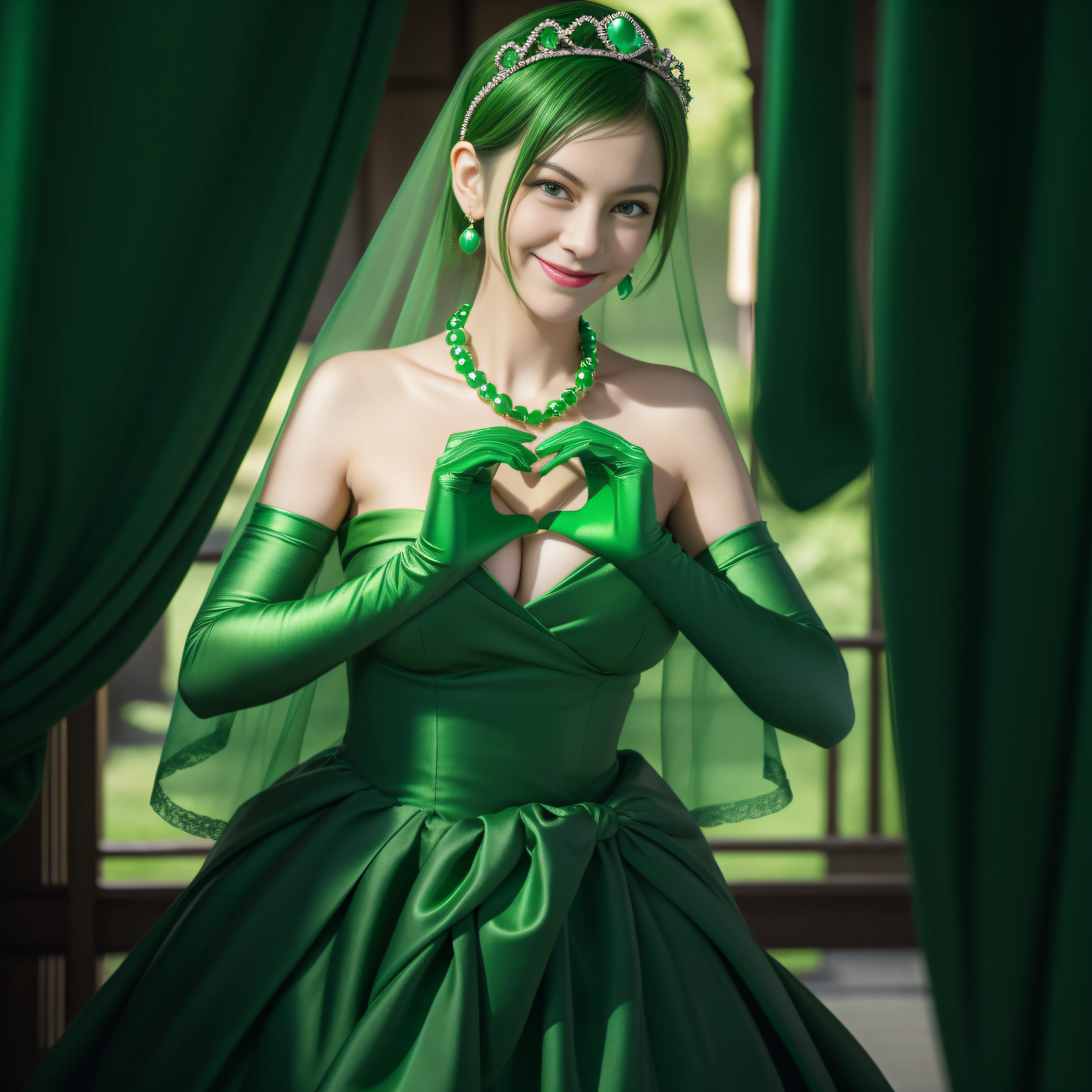 emerald tiara, Green Pearl Necklace, Boyish very short green hair, lipsticks, Japan woman smiling, very short short hair, big breasts beautiful, Green eyes, Long green gloves made of satin material, Green eyes, Emerald Earrings, green vale, Heart with both hands