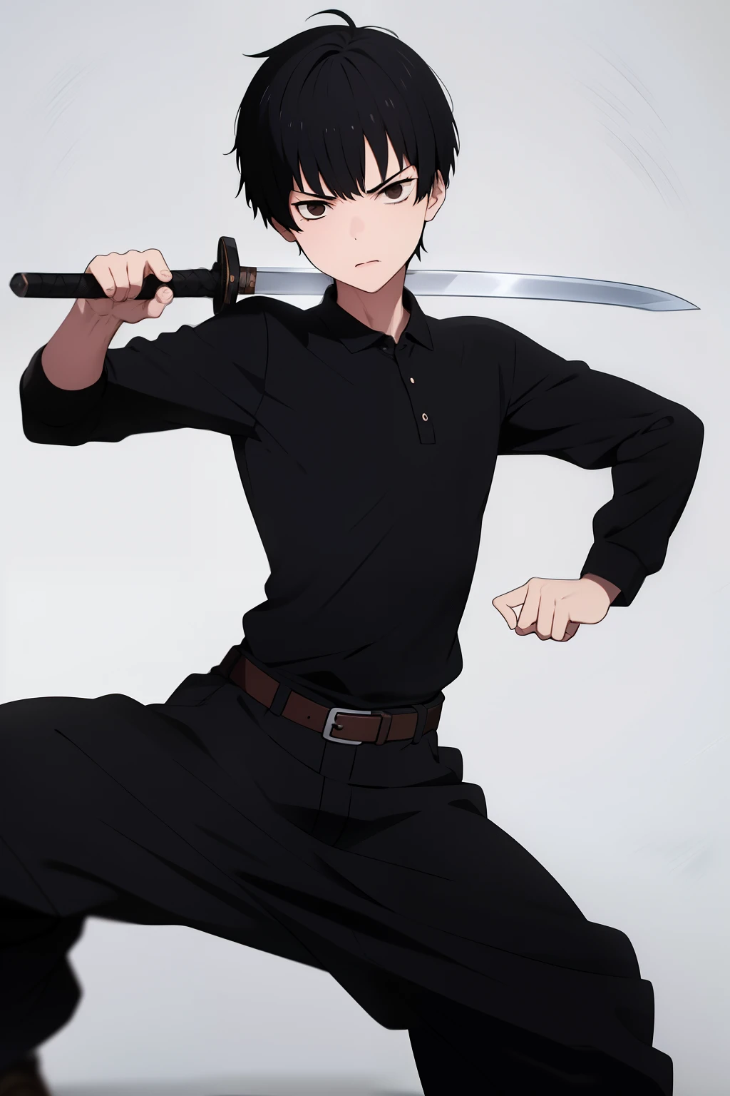 Cute boy, short black hair pulled up, black clothes, full body, sword,boy, a young boy, Bangs up, hair standing up, Combat stance, Fighting stance, Hand drawing is better