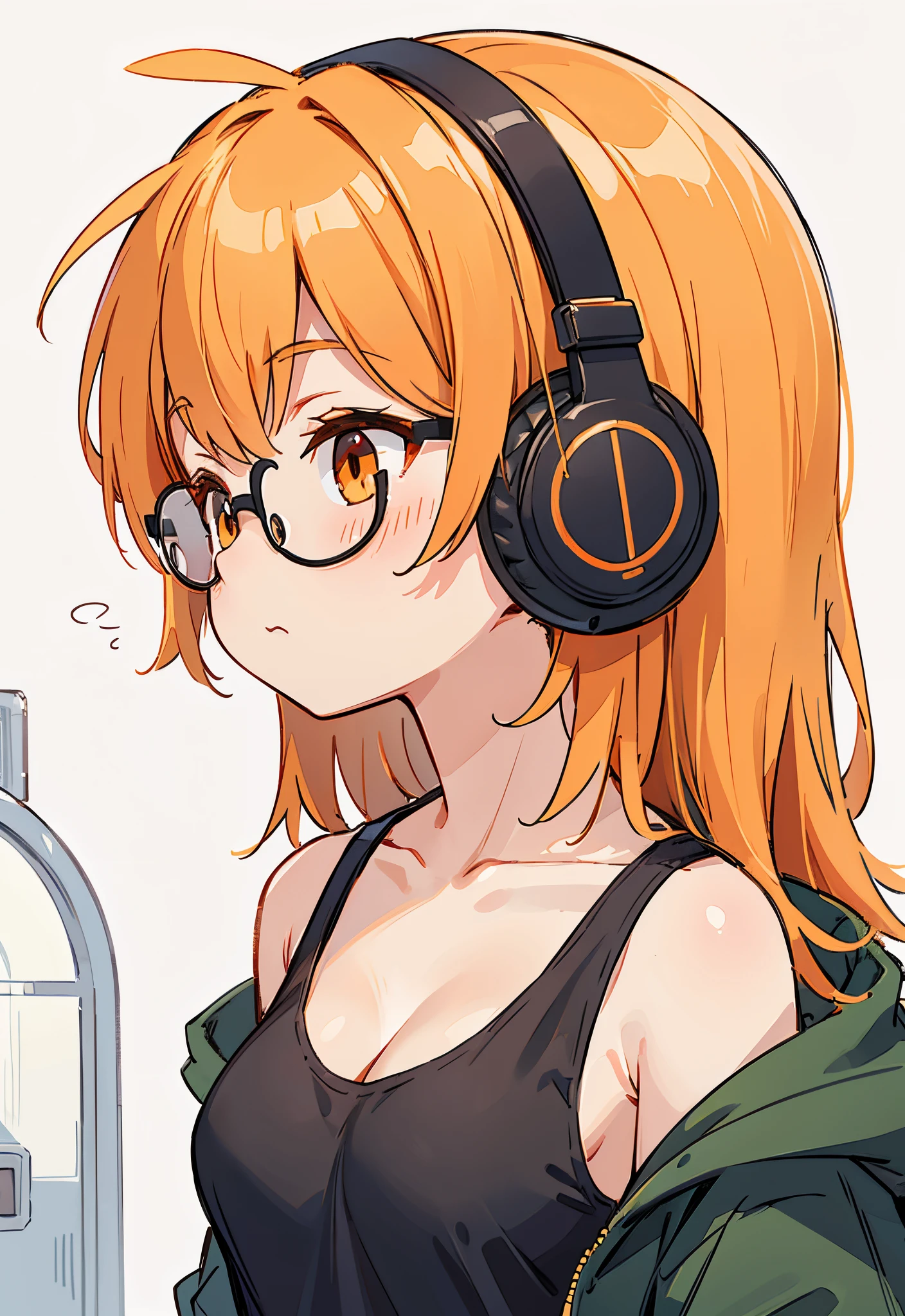 profile、orange color hair、Straight hair、off shoulders、Big black tank top、black green jacket、big black glasses、head phone、Orange Eyes、Stranger、small tits、tits out、cleavage、Transverse breasts、