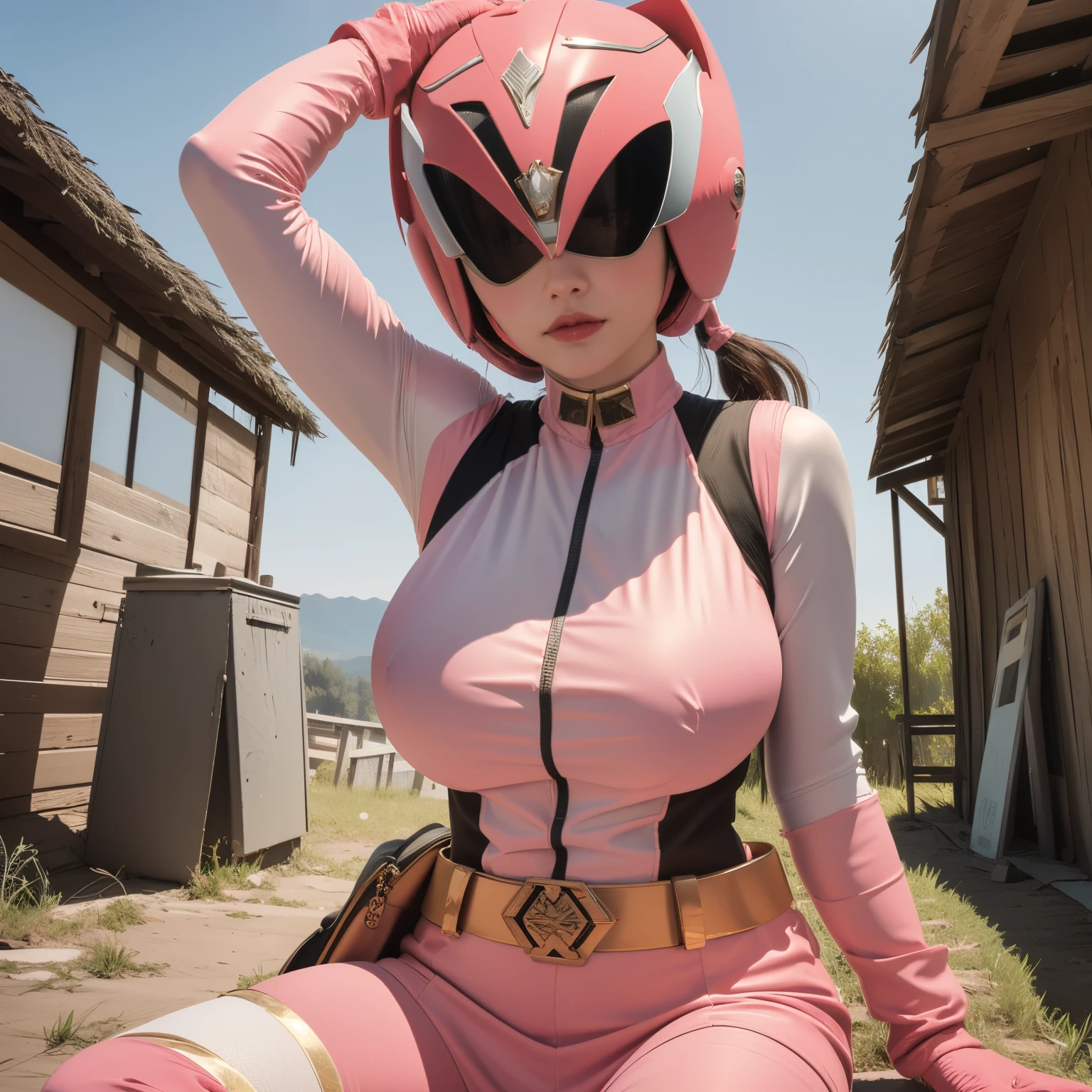 (masterpiece:1.1, Best Quality:1.1, 16 K, High resolution), 1womanl, (Ultra-realistic portrait of pink power ranger), Ultra-detailed, Illustration, (Pink Power Rangers Costume, sheer costumes:1.35, visible nipples under vest:1.5, Belt bag, gloves, sentai helmet, full face helmet:1.15, Pink helmet, sheer pink spandex vest:1.35, Pink boots, Pink skirt, hyper mini skirt, Gray leggings, White Gloves), (Sit down, tied up with ropes, In an abandoned hut, farms), ((ultra gigantic tits:1.5, ultra huge boobs:1.5, ultra huge breasts:1.5, Perfect slim body style:1.2)), hyper detailed face, ultra detailed skin texture,