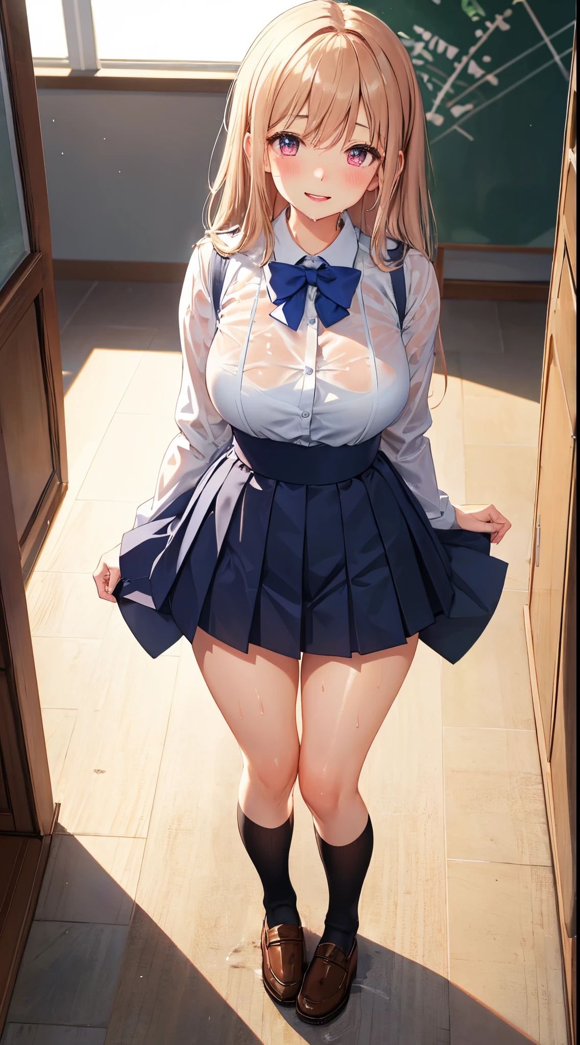 1girl in, Parted lips, blush, makeup, lightsmile, School uniform, Full body, Wide Angle, From above, crass room, llight rays, Glow, thighs thighs thighs thighs, 鎖骨, Narrow waist, (masutepiece), Wallpaper,Wet body、Micro lingerie that can be seen even over clothes、Drooling、White socks
