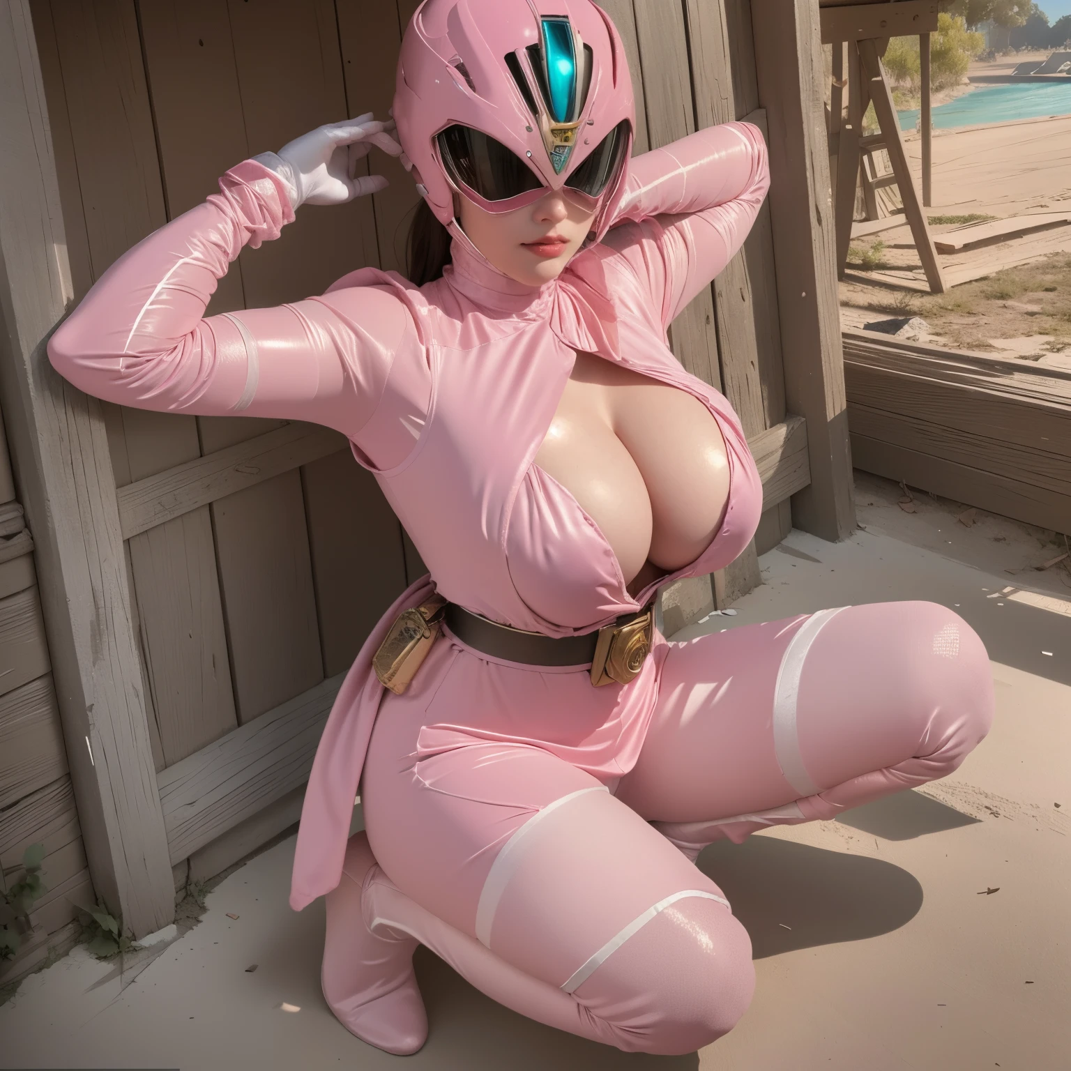 (masterpiece:1.1, Best Quality:1.1, 16 K, High resolution), 1womanl, (Ultra-realistic portrait of pink power ranger), Ultra-detailed, Illustration, (Pink Power Rangers Costume, sheer costumes:1.35, visible nipples under vest:1.5, Belt bag, gloves, sentai helmet, full face helmet:1.15, Pink helmet, sheer pink spandex vest:1.35, Pink boots, Pink skirt, hyper mini skirt, Gray leggings, White Gloves), (Sit down, tied up with ropes, In an abandoned hut, farms), ((ultra gigantic tits:1.5, ultra huge boobs:1.5, ultra huge breasts:1.5, Perfect slim body style:1.2)), hyper detailed face, ultra detailed skin texture,