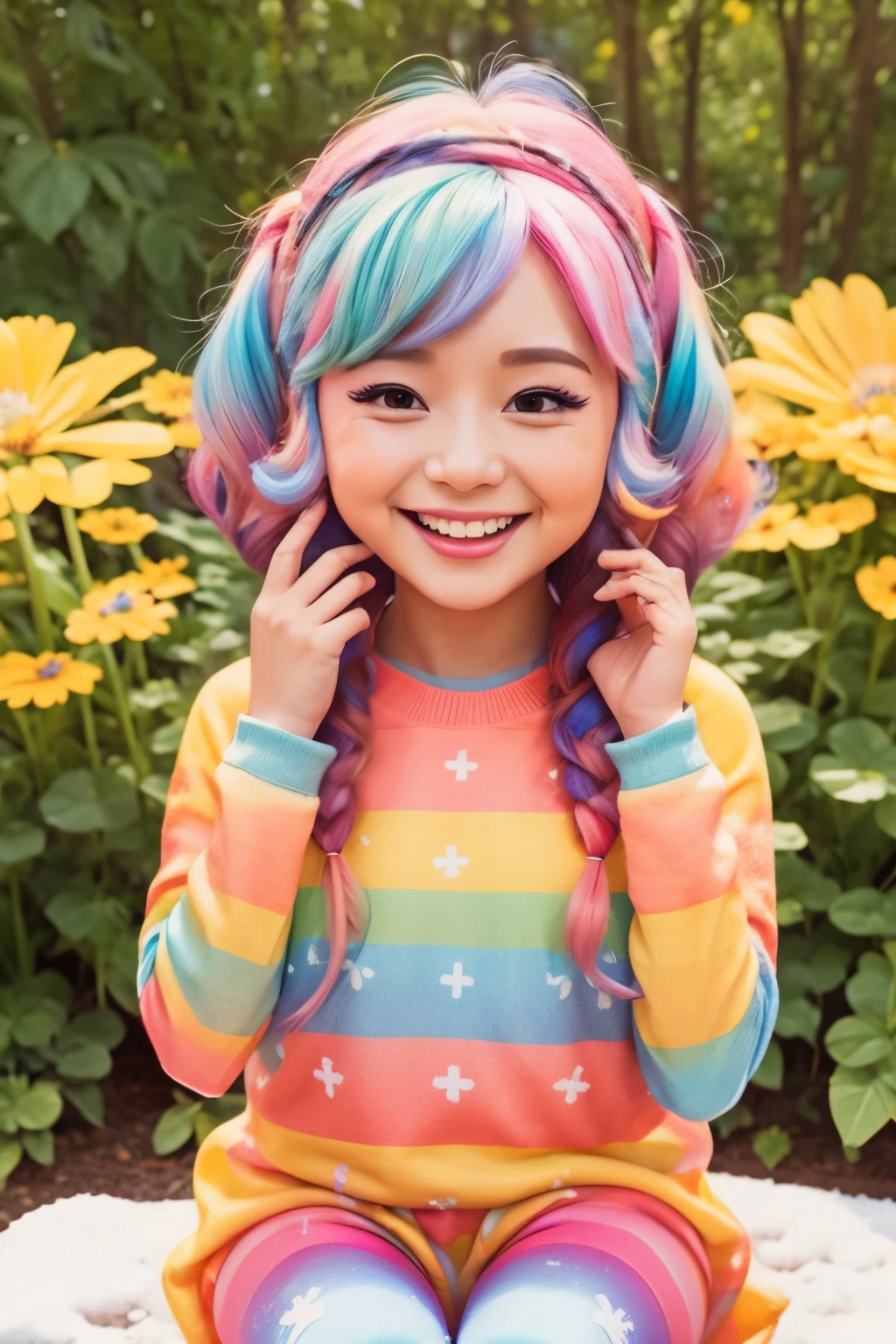 Stand in front of the photo、1girl in,Full body,a short bob, But long pigtails, rainbow color Hair,long boots,Open mouth and big smile、kawaii pose、Flowing iridescent silk、Wearing colored tights、up of face、Eye Up、Colorcon with heart pattern、Floral dress、There are flowers even in front of you、snowscape、season!!: Winters☀ 🍂