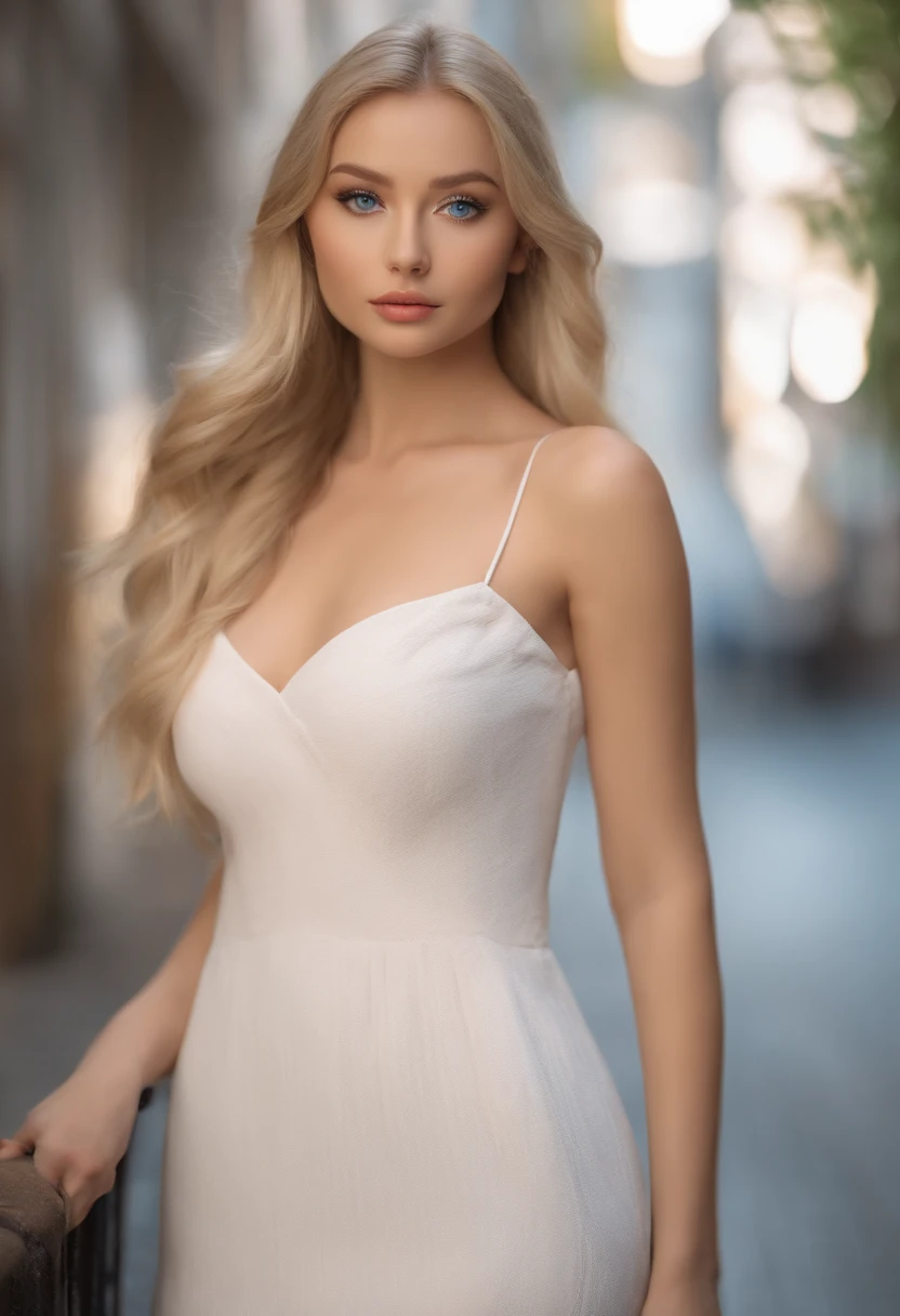 A poised and alluring woman with captivating blue eyes, resembling the ultra-realistic Sophie Mudd. Blonde girl, She wears natural makeup, exudes a sexy charm in a short dress, blonde hair color and poses in Japan setting with a prominent bust.