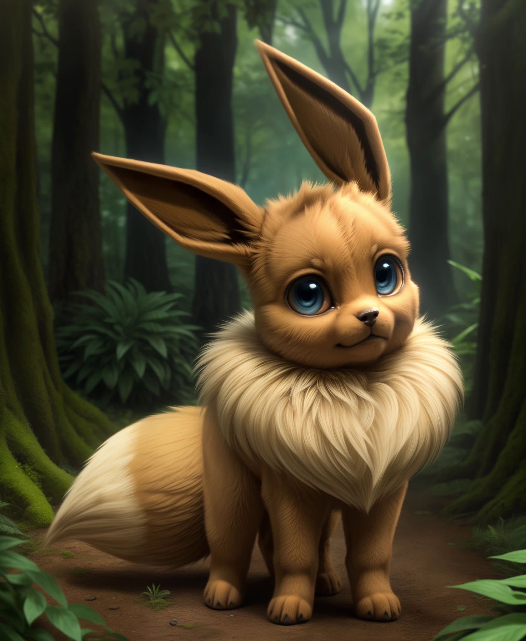 (realistic,photorealistic:1.37),masterpiece, ((eevee) feral), looking at viewer,sharp blue eyes,full body portrait, lush green forest background, mysterious atmosphere,,
