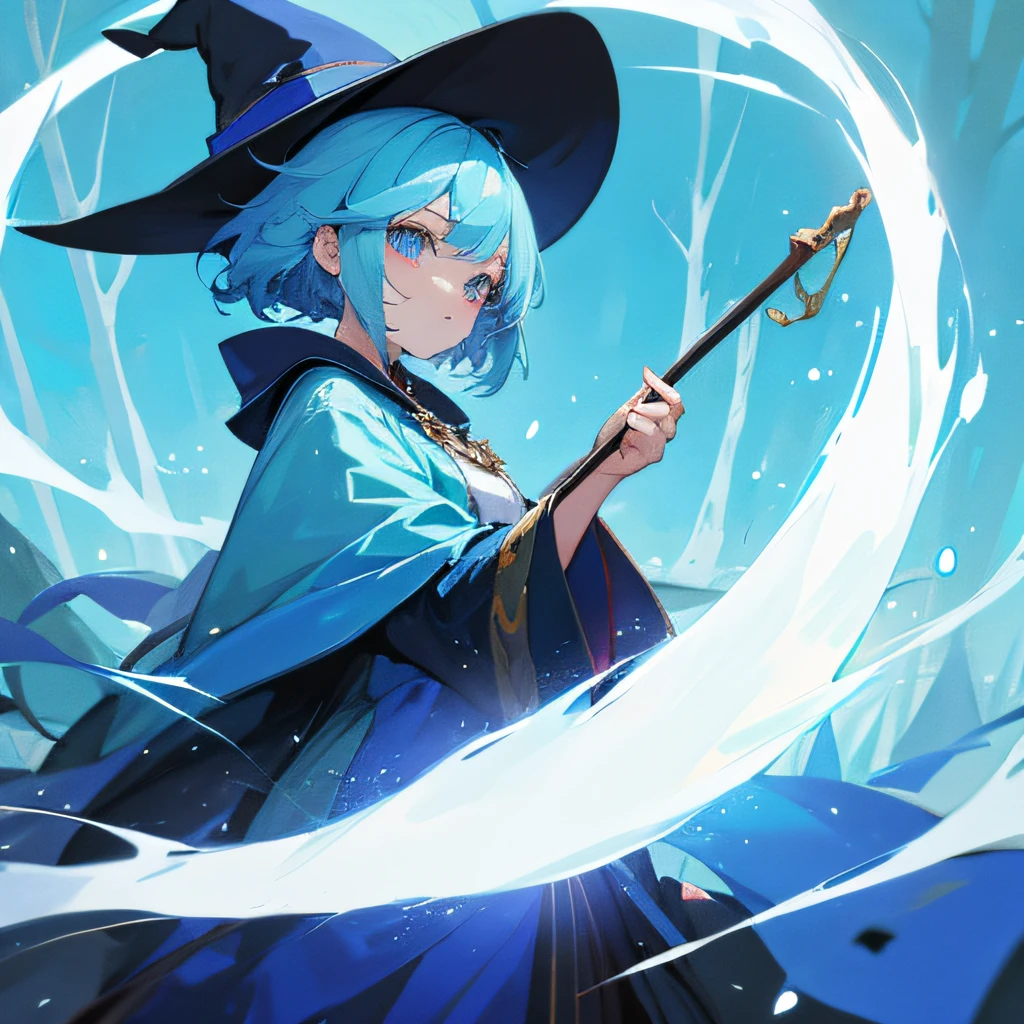 One mage girl, background is forest, evening, magical hat, cane, light blue hair –niji