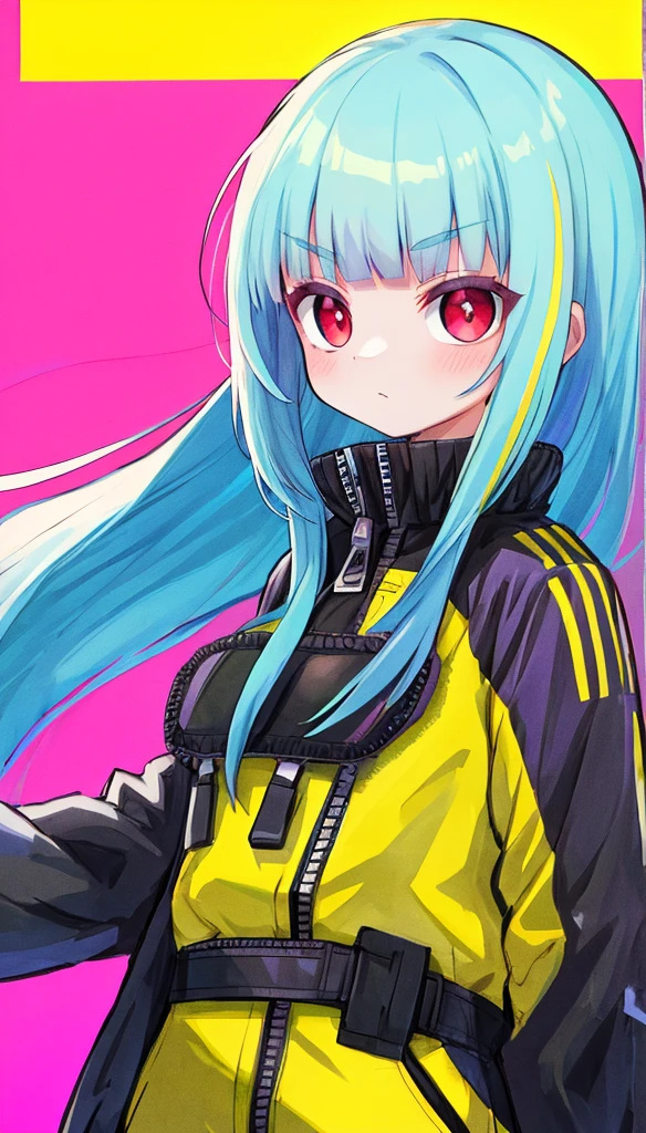 masterpiece, best quality, 1girl, bangs, blue_hair, eyebrows_visible_through_hair, green_background, halftone, jacket, kula_diamond, long_hair, looking_at_viewer, multicolored_background, purple_jacket, red_eyes, simple_background, solo, two-tone_background, upper_body, yellow_background, zipper