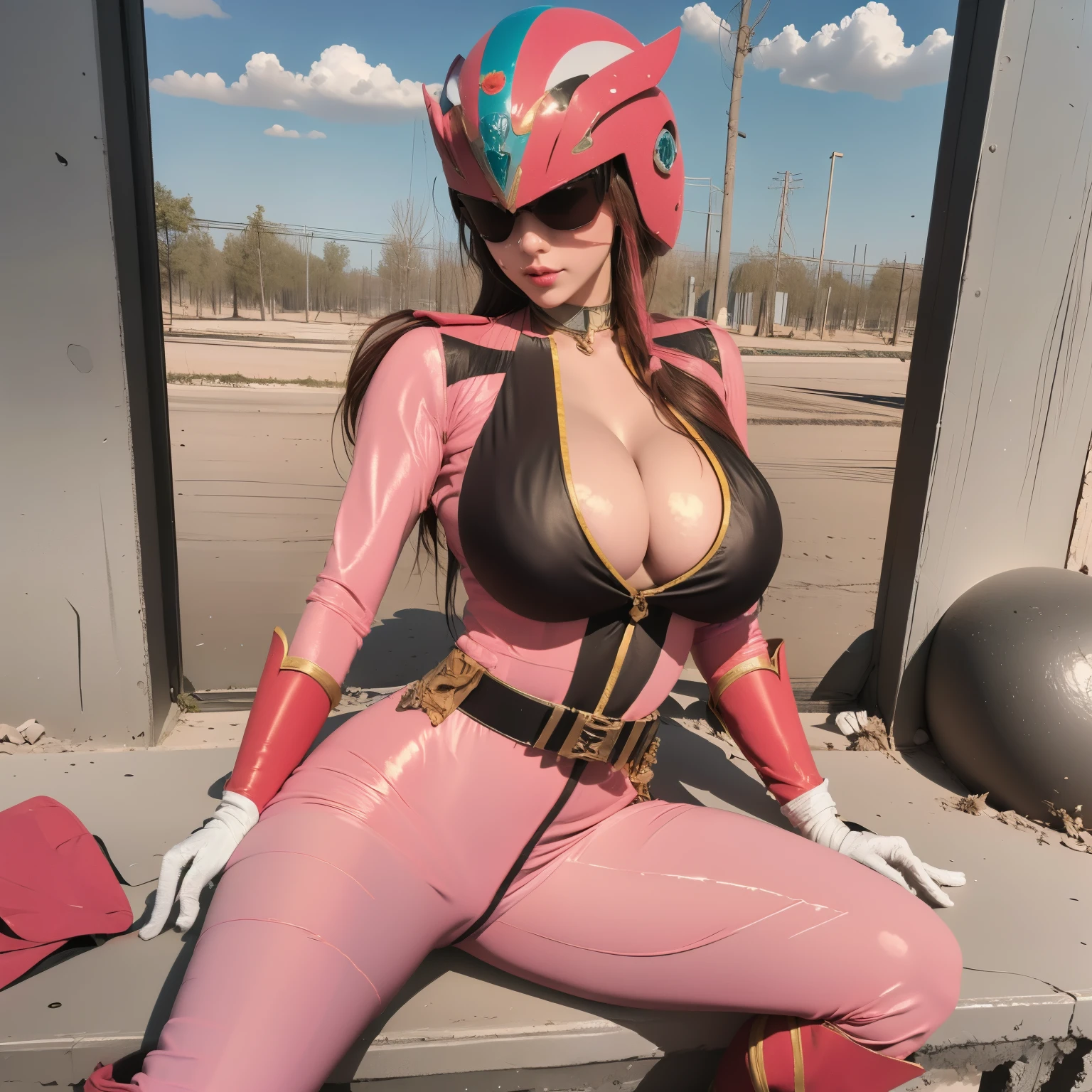 (masutepiece:1.1, Best Quality:1.1, 16 K, High resolution), 1womanl, (Ultra-realistic portrait of the Pink Power Ranger), Ultra-detailed, Illustration, (Pink Power Rangers Costume, Sheer costumes:1.35, Nipples visible under the vest:1.5, Belt bag, gloves, sentai helmet, full face helmet:1.15, Pink helmet, sheer pink spandex vest:1.35, Pink boots, Pink skirt, hyper mini skirt, Gray leggings, White Gloves), (Sit down, tied up with ropes, In an abandoned hut, farms), ((ultra gigantic tits:1.5, SuperHuge boobs:1.5, ultra gigantic tits:1.5, Perfect slim body style:1.2)), hyperdetailed face, ultra detailed skin texture,