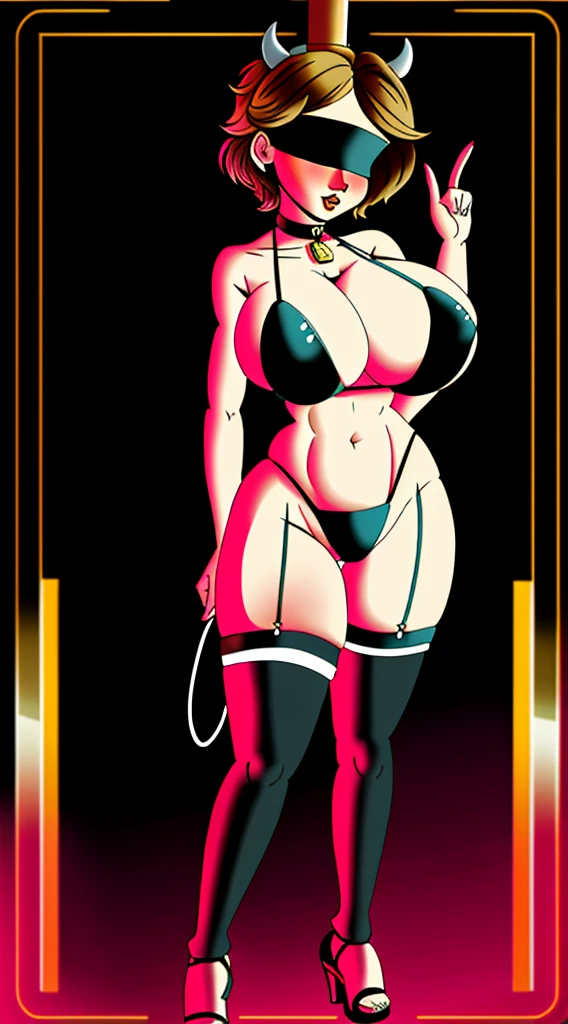 Aunt Cass, standing straight symmetrical, full body, solo girl looking to the camera, big breast, blindfolded, cow bell choker, metal sandals, bikini, black bunny uniform like playboy, black thigh highs, bedroom background