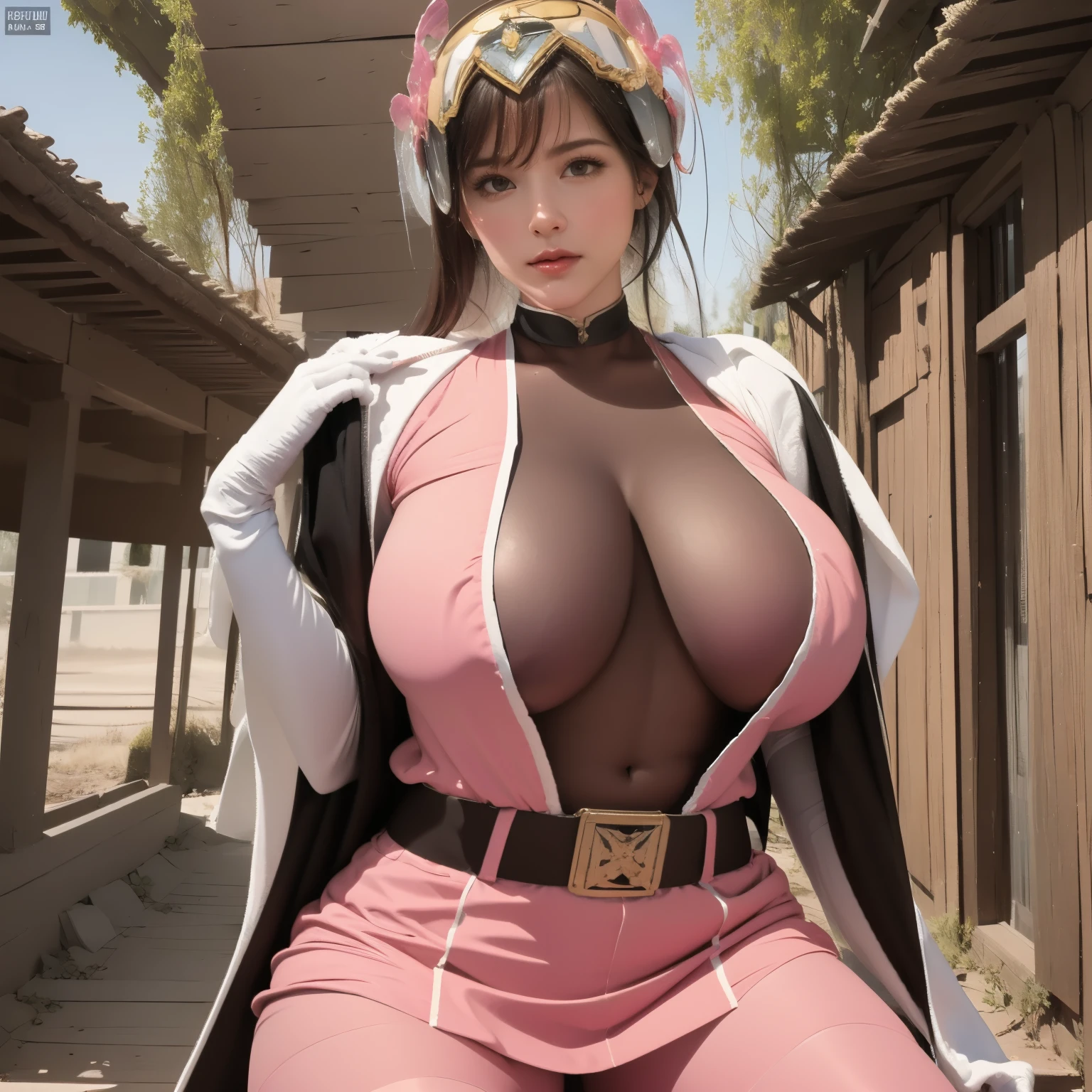 (masutepiece:1.1, Best Quality:1.1, 16 K, High resolution), 1womanl, (Ultra-realistic portrait of the Pink Power Ranger), Ultra-detailed, Illustration, (Pink Power Rangers Costume, Sheer costumes:1.35, Nipples visible under the vest:1.5, Belt bag, gloves, sentai helmet, full face helmet:1.15, Pink helmet, sheer pink spandex vest:1.35, Pink boots, Pink skirt, hyper mini skirt, Gray leggings, White Gloves), (Sit down, tied up with ropes, In an abandoned hut, farms), ((ultra gigantic tits:1.5, SuperHuge boobs:1.5, ultra gigantic tits:1.5, Perfect slim body style:1.2)), hyperdetailed face, ultra detailed skin texture,