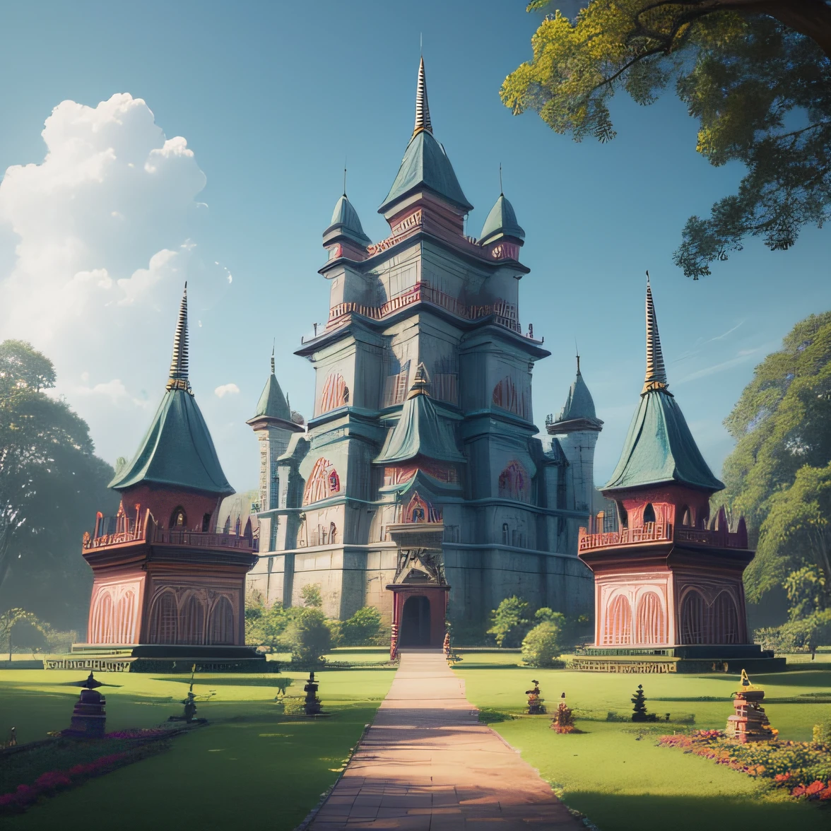 In the style of Ernie colons, a large Indonesian castle, with many towers, with a wide base, more wide than tall, colorful, its located in a forest clearing, with a pale blue sky, the image is done in pastel colors