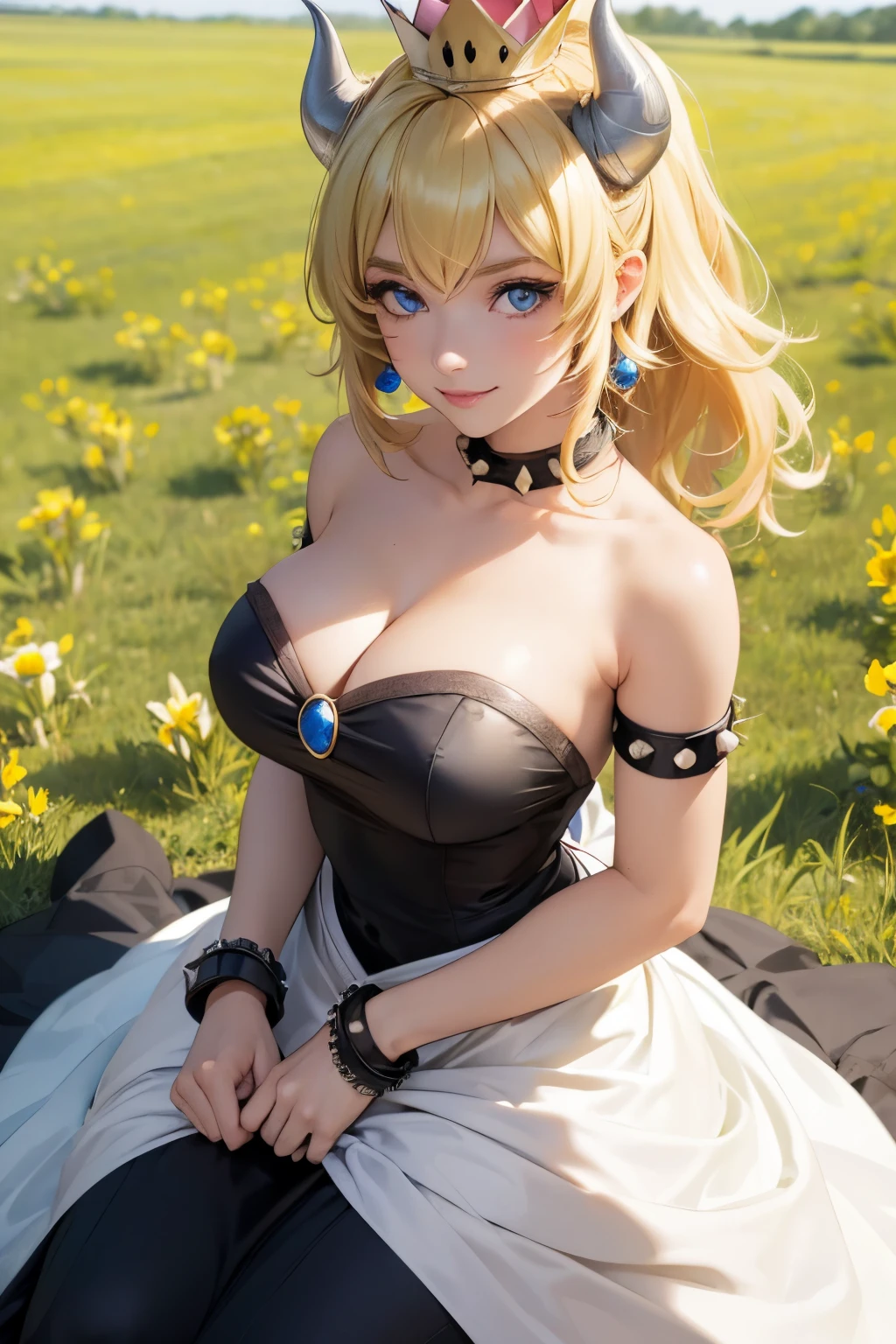 (master part:1.2), (best quality:1.2), olhos perfeitos, rosto perfeito, perfect lighting, 1girl, mature female in a field, medium blonde hair, curly hair, roupas detalhadas, fundo exterior detalhado, maquiagem, sombra, bushy eyelashes, fantasia, Looking at the Viewer, primavera