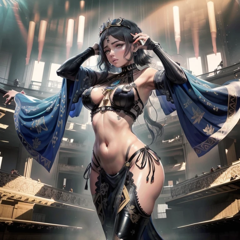 1 girl, mulher, pele bronzeada, pigmentation, lingerie, Belly dance costume, Peito Grande Muito Enorme, Egyptian decoration, Egyptians, cabelos pretos, Amarre-me., Dachshund, Sharp face, rosto requintado, Umbigo afiado, Lote suado, suando profusamente., few pieces of clothing, olhos azuis, suor afiado;, disco Rigido, 4k, Stand on stage, Contraste de plano de fundo, look at audience., obra-prima, Main contributions, sharp photo, atraente, Impeccable., Lote suado, (Unbeatable masterpiece:1.4), alta resolução, y, Ultra Qualidade, Corpo encharcado, Seicharcados, Sudorese molhada sonhadora, brilho, Expressing tired emotions, Neb is tired.,
