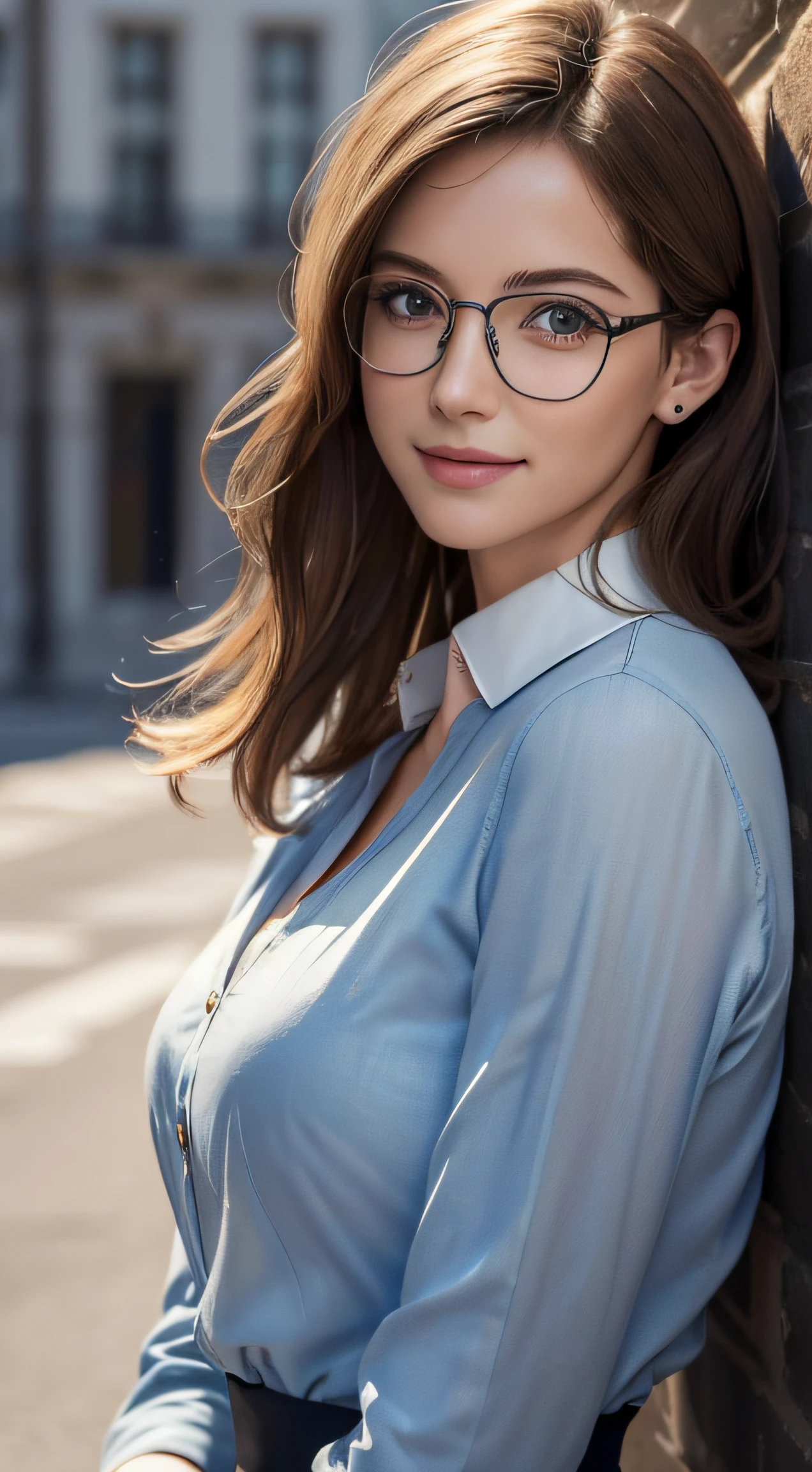 (Masterpiece, best quality, award winning, photorealistic, highres, UHD :1.4), portrait, sharp focus, upper body, 1 beautiful European female, pretty model, skinny, slim figure, breasts, realistic pale skin, realistic detailed modeling face, beautiful eyes, stylish layered hairstyle, highly detailed realistic hair, glossy lips, eye liner, blush, attractive, stunning, ((photorealistic, realistic, super realistic, realism, realistic detail)), collar shirt, wearing glasses, standing pose, light smile, outdoor, dynamic lighting, volumatric lighting