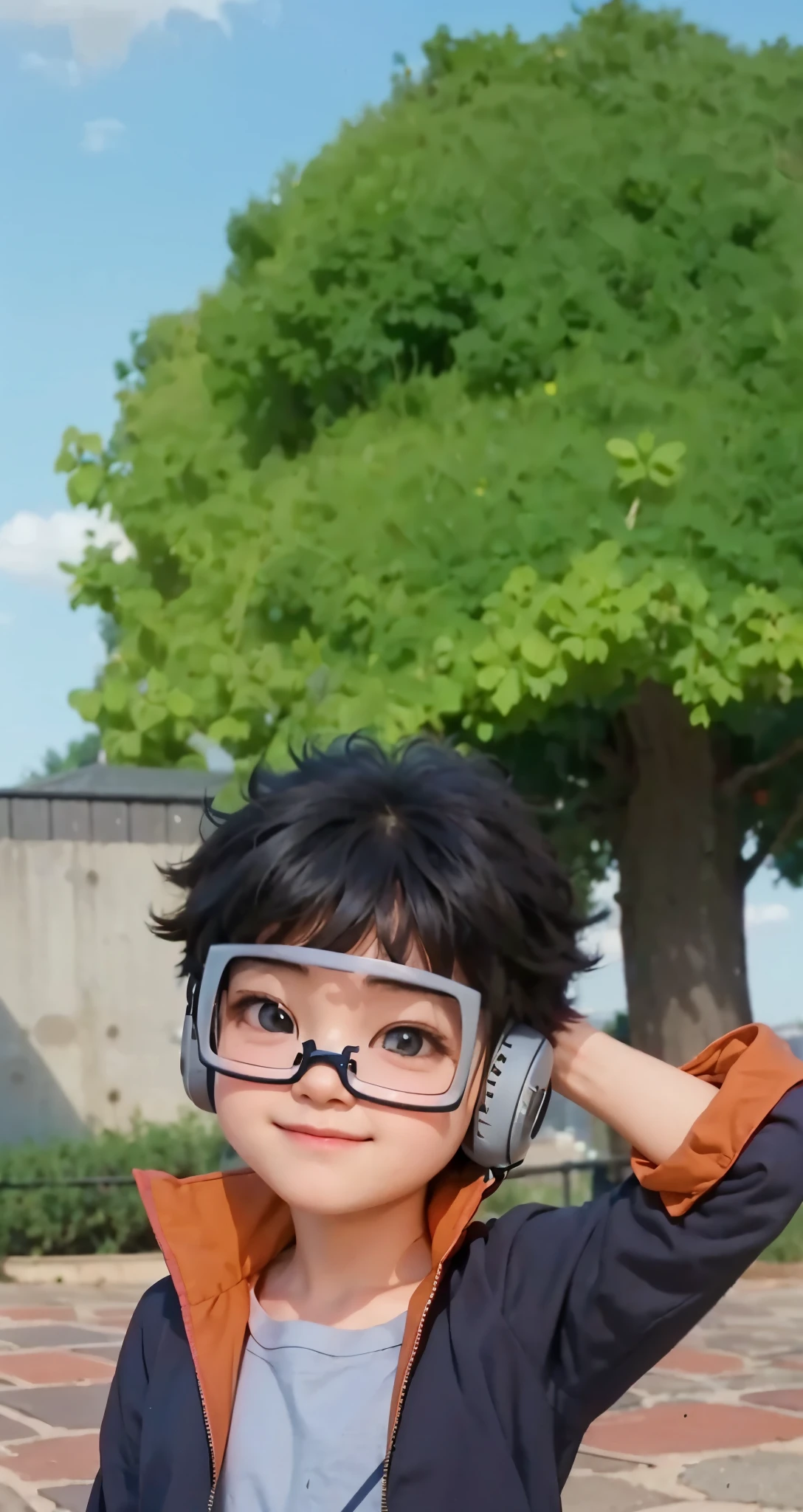 Real life adaption of this character ,The handsome face of a boy, realistic same hair , (realistic same outfit), realistic background , realistic light, realistic shadow, realism, hyper realistic,(photorealistic:1.2), normal small eyes,wear realistic pilot glasses Made from iron