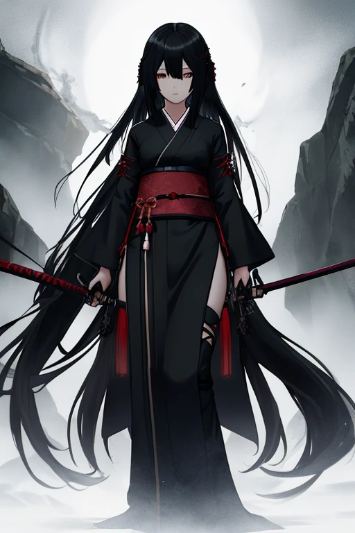 1girl,black very long hair,japanese mythology,full body,from below,holding weapon,cinematic lighting,