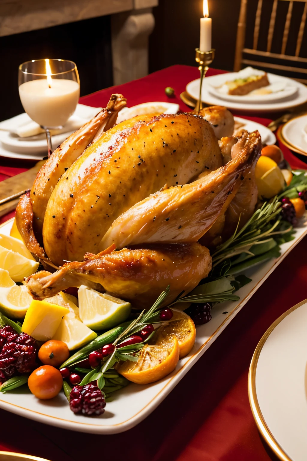 Create an illustration of a family gathered around a holiday dinner table, with a scrumptious Christmas feast, including a perfectly roasted turkey, festive side dishes, and a variety of desserts. The room should be filled with laughter and joy