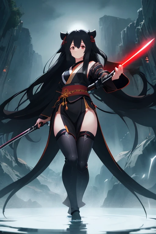 1girl,black very long hair,japanese mythology,full body,from below,holding weapon,cinematic lighting,