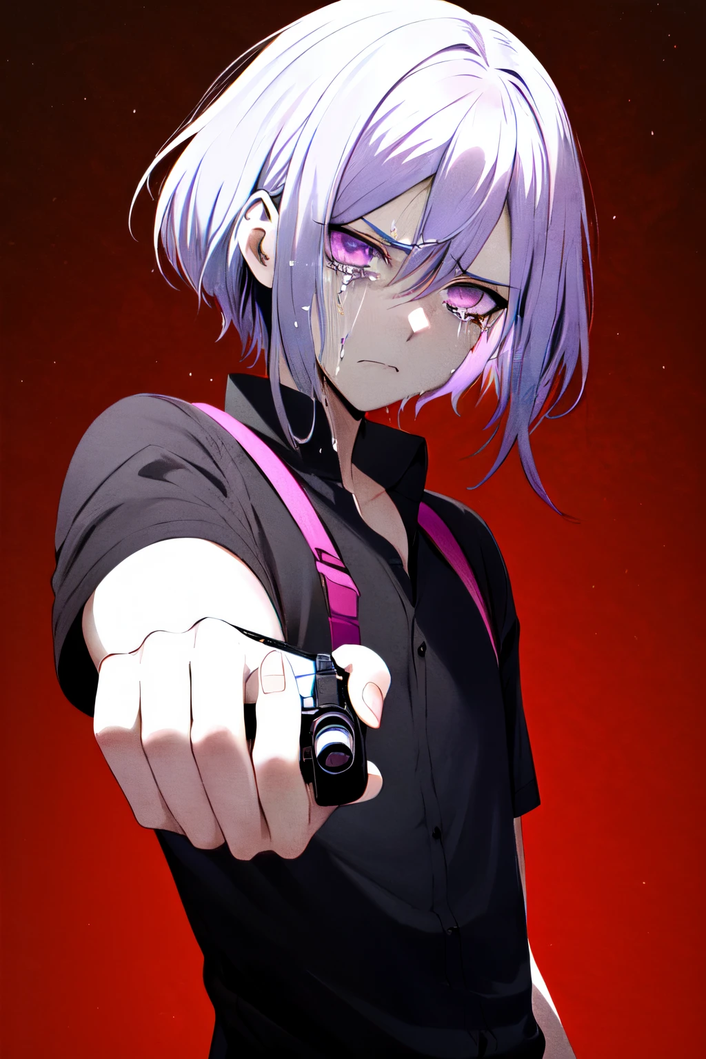 An anime ((young adult male)) with (short messy white hair) and (purple eyes) ((aiming a pistol at the viewer)) with an (angry crying expression) in a ((horrific dark atmosphere)) in manga-style