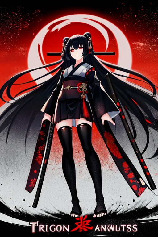 1girl,black very long hair,japanese mythology,full body,from below,holding weapon,cinematic lighting,