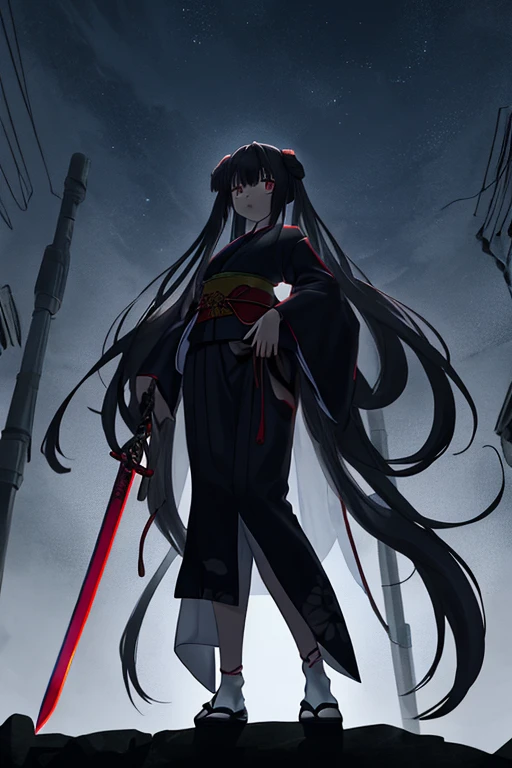 1girl,black very long hair,japanese mythology,full body,from below,holding weapon,cinematic lighting,