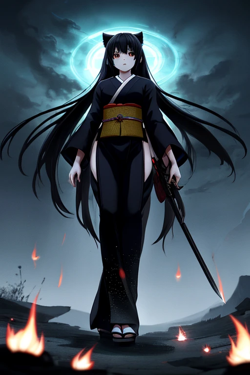 1girl,black very long hair,japanese mythology,full body,from below,holding weapon,cinematic lighting,