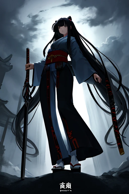 1girl,black very long hair,japanese mythology,full body,from below,holding weapon,cinematic lighting,