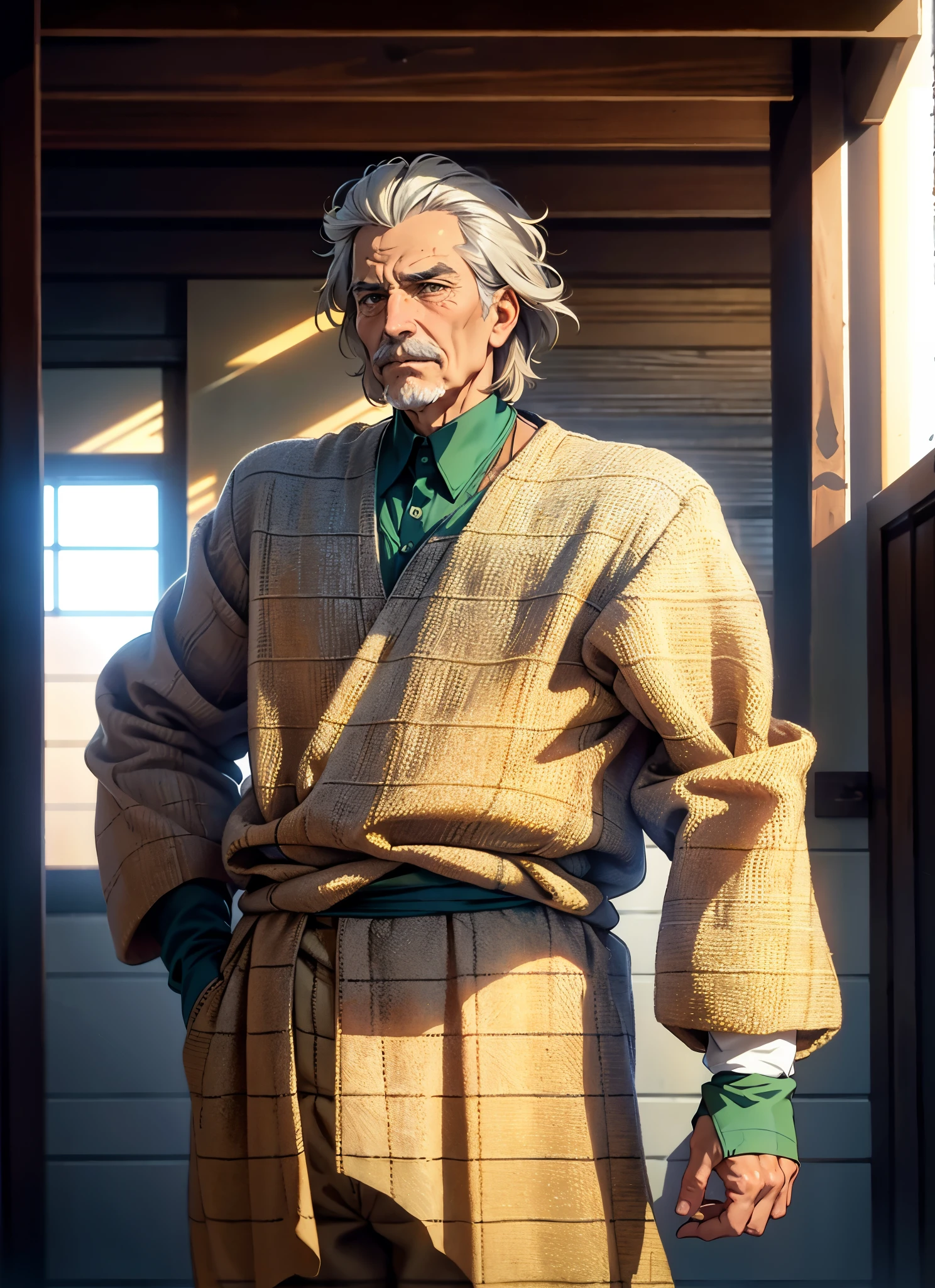 An elderly man, disheveled short hair in a brown-gray hue, approximately 60 years old, a bewildered gaze, quirky expression, wide-open mouth, a small mustache on his chin, a simple brown-yellow Eastern-style clothing, coarse fabric trousers, the background consists of various artistic-style color blocks interwoven together, this character embodies a finely crafted whimsical fantasy-style in anime style, exquisite and mature manga art style, high definition, best quality, highres, ultra-detailed, ultra-fine painting, extremely delicate, professional, anatomically correct, symmetrical face, extremely detailed eyes and face, high quality eyes, creativity, RAW photo, UHD, 8k, Natural light, cinematic lighting, masterpiece-anatomy-perfect, masterpiece:1.5