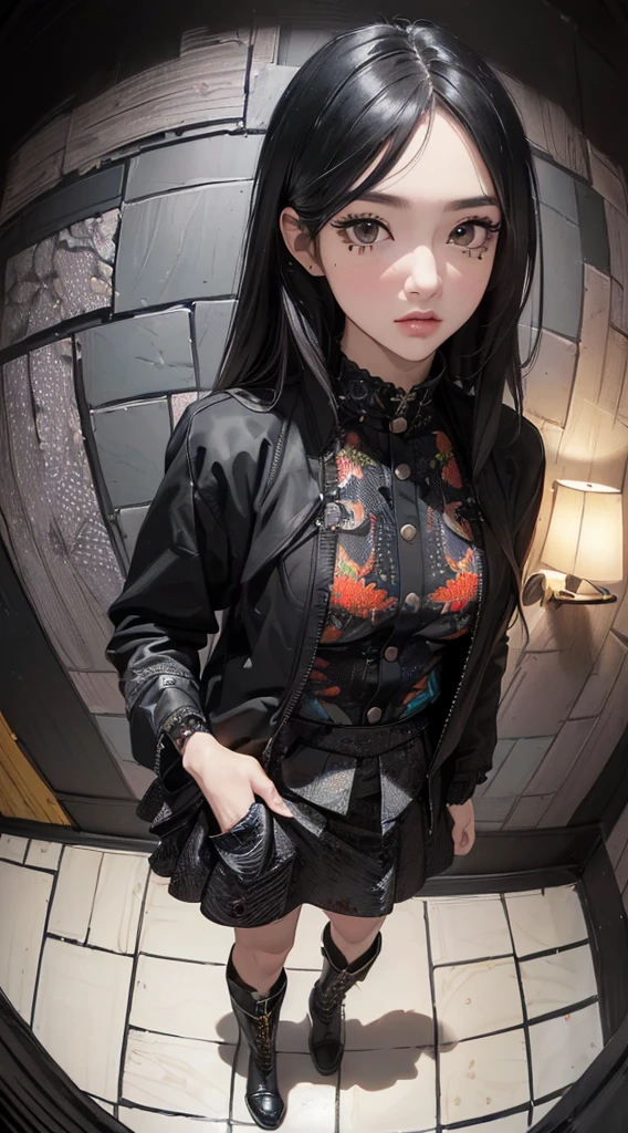 (((8k wallpaper of extremely detailed CG unit:1.2, masterpiece, hight resolution:1.2, top-quality:1.2, masutepiece))), ((a very beautiful woman, Hands in pockets:1.8, Grunge Fashion:1.2, Wearing a blouson, wearing skirt, Wearing boots)), ((extra detailed face, Extremely beautiful face, Highly detailed black eyes:1.2, extra detailed body, Top quality real texture skins)), (A dark-haired, length hair, de pele branca, Small), ((colorful geometric pattern wall, Colorful wall)), (high-angle:1.2, Fisheye:1.3), hyper realisitic, digitial painting,
