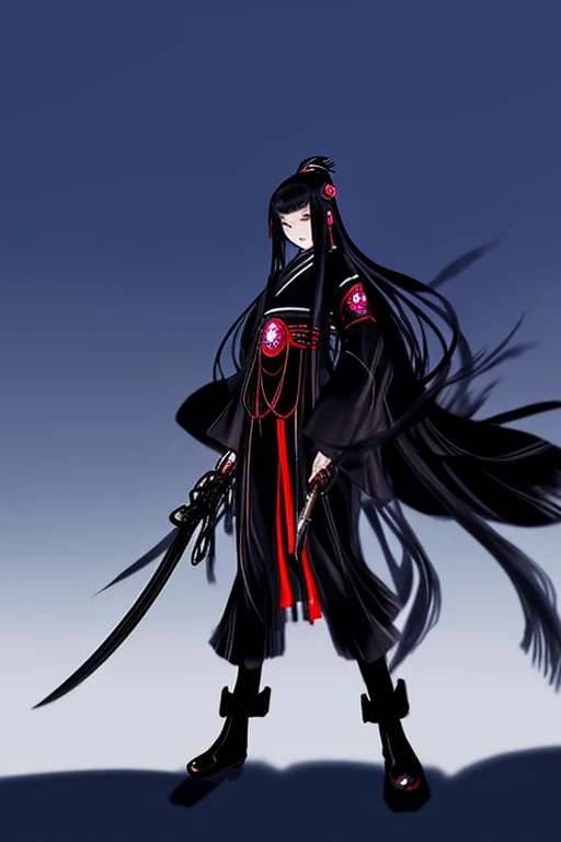 1girl,black very long hair,japanese mythology,full body,from below,holding weapon,cinematic lighting,