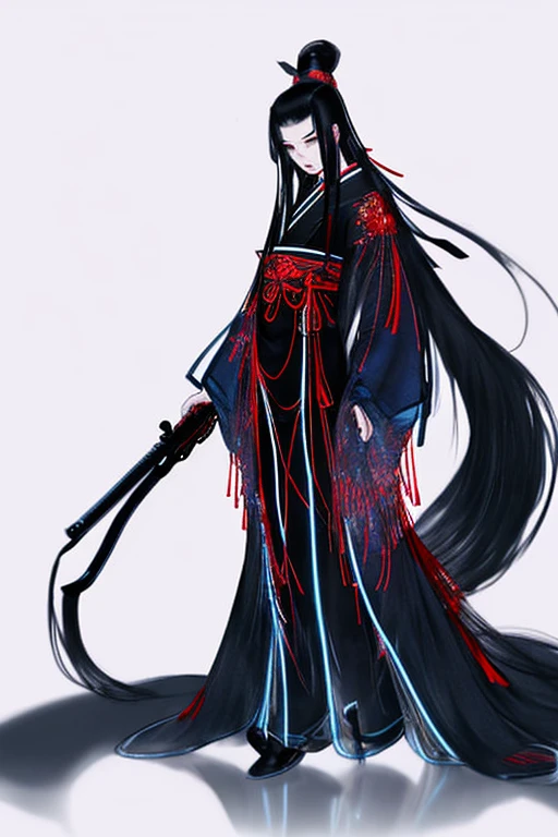 1girl,black very long hair,japanese mythology,full body,from below,holding weapon,cinematic lighting,